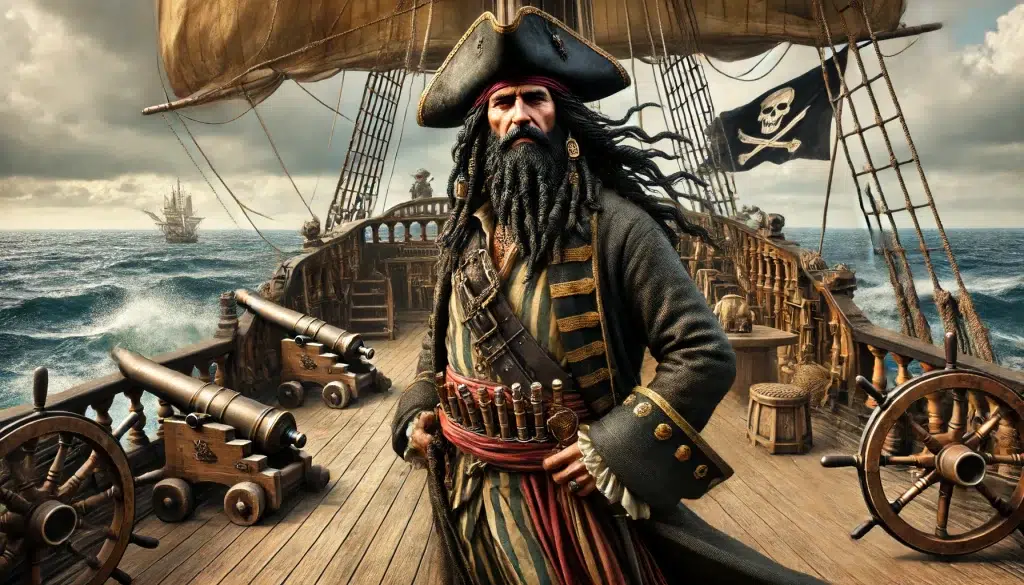 A highly realistic depiction of the famous pirate Blackbeard. He stands on the deck of a pirate ship, looking fierce and intimidating. Blackbeard has a long, black beard braided with ribbons and is dressed in typical pirate attire of the early 18th century, including a tricorn hat, a long coat, and a sash filled with pistols. The background shows the open sea with stormy clouds, adding to the dramatic atmosphere. The deck is busy with pirate activity, with cannons ready and pirate flags waving in the wind. Blackbeard's commanding presence and fearsome reputation are clearly conveyed in his stance and expression.