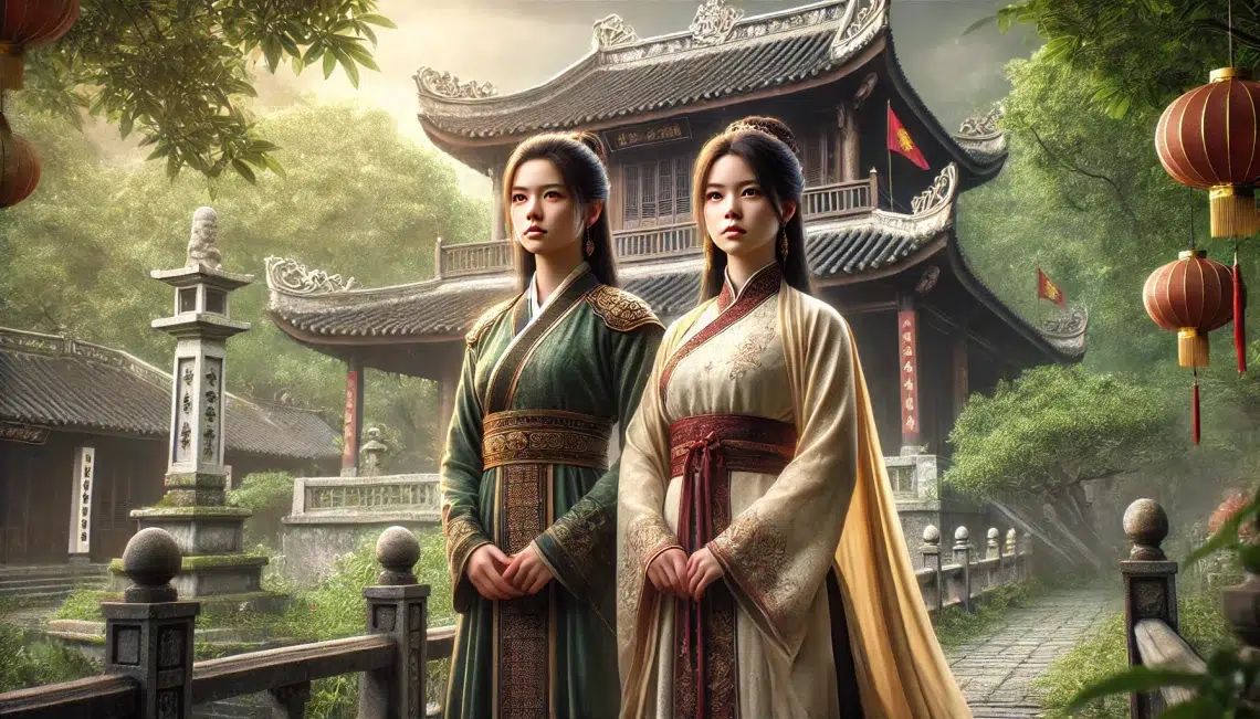 A hyper-realistic depiction of Trưng Trắc and Trưng Nhị, the two Trưng Sisters from Vietnam. The scene captures their strength and leadership, with both sisters dressed in traditional ancient Vietnamese attire. They stand together, exuding determination and unity, against a backdrop of lush greenery and traditional Vietnamese architecture. The setting emphasizes their historical significance and cultural heritage.