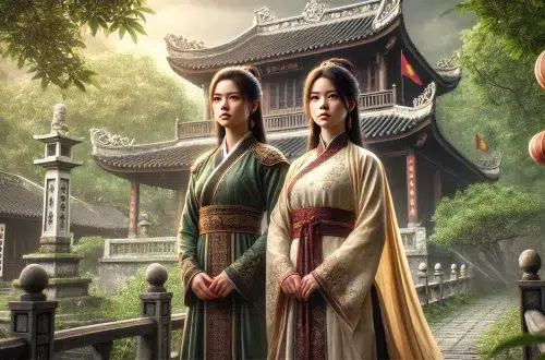 A hyper-realistic depiction of Trưng Trắc and Trưng Nhị, the two Trưng Sisters from Vietnam. The scene captures their strength and leadership, with both sisters dressed in traditional ancient Vietnamese attire. They stand together, exuding determination and unity, against a backdrop of lush greenery and traditional Vietnamese architecture. The setting emphasizes their historical significance and cultural heritage.