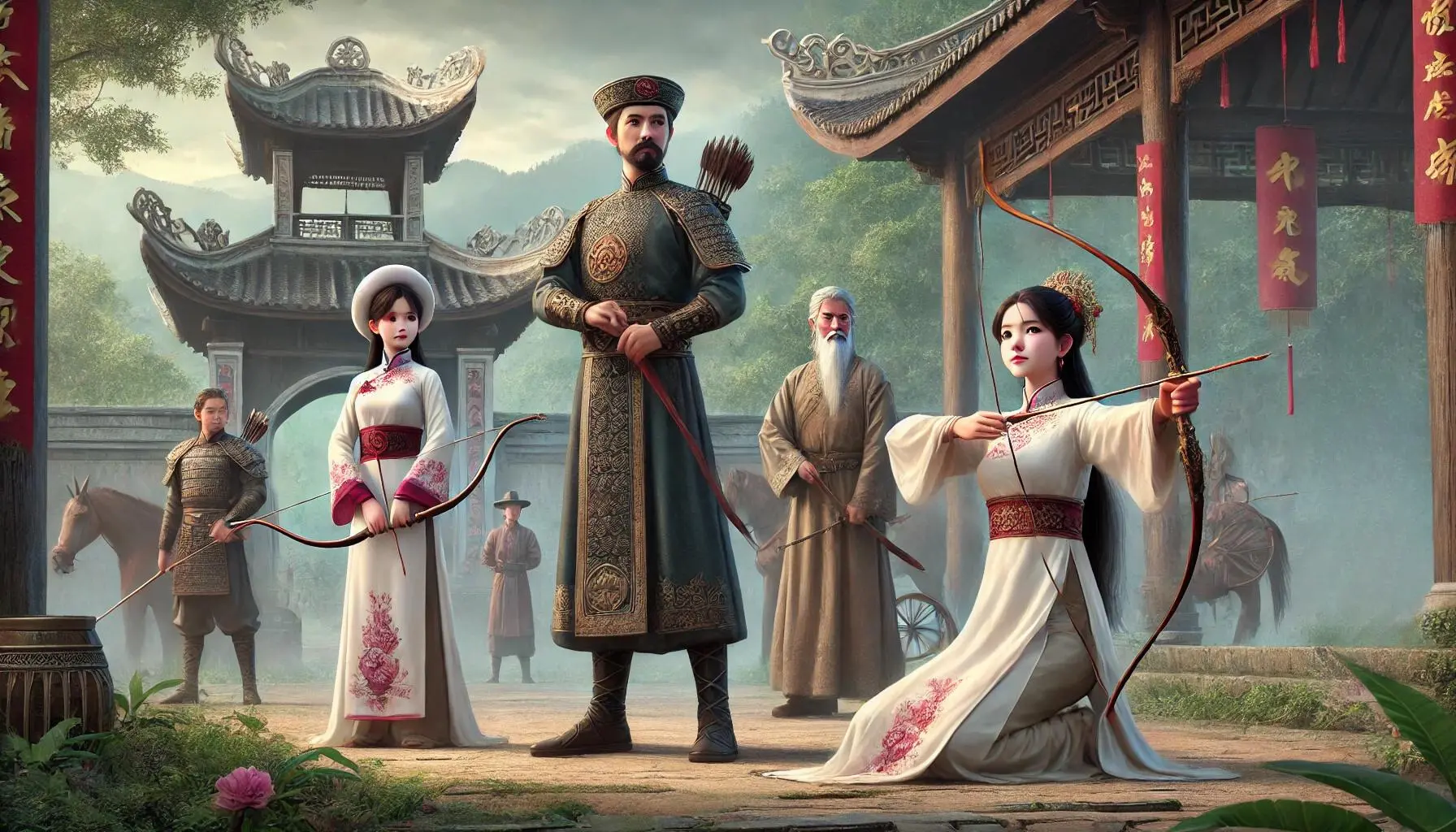 In 30 A.D., the two sisters, Trưng Trắc and Trưng Nhị of Vietnam, are learning martial arts, including the use of a bow and arrow, with their father, a leader and general, and their mother, Lady Man Thien, an aristocrat. The scene is set in a lush, ancient Vietnamese environment with traditional architecture. The father, in traditional military attire, stands with a commanding presence, guiding the sisters.