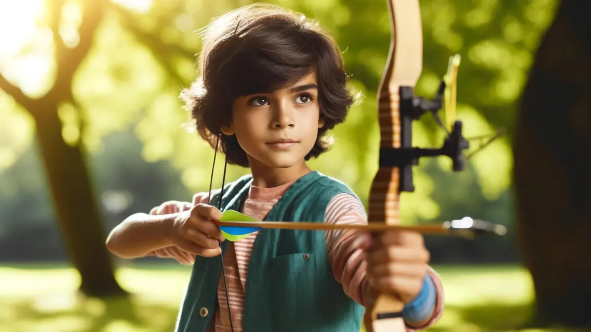 a young boy with brown skin and wavy dark brown hair, around 8 years old, holding a bow and drawing an arrow back. He is in an outdoor setting, dressed in casual clothes. His expression is focused as he aims. The background is a natural park-like environment with lush greenery, enhancing the serene and focused atmosphere. The lighting is soft, casting gentle highlights on his brown skin, emphasizing his youthful determination and skill in archery.