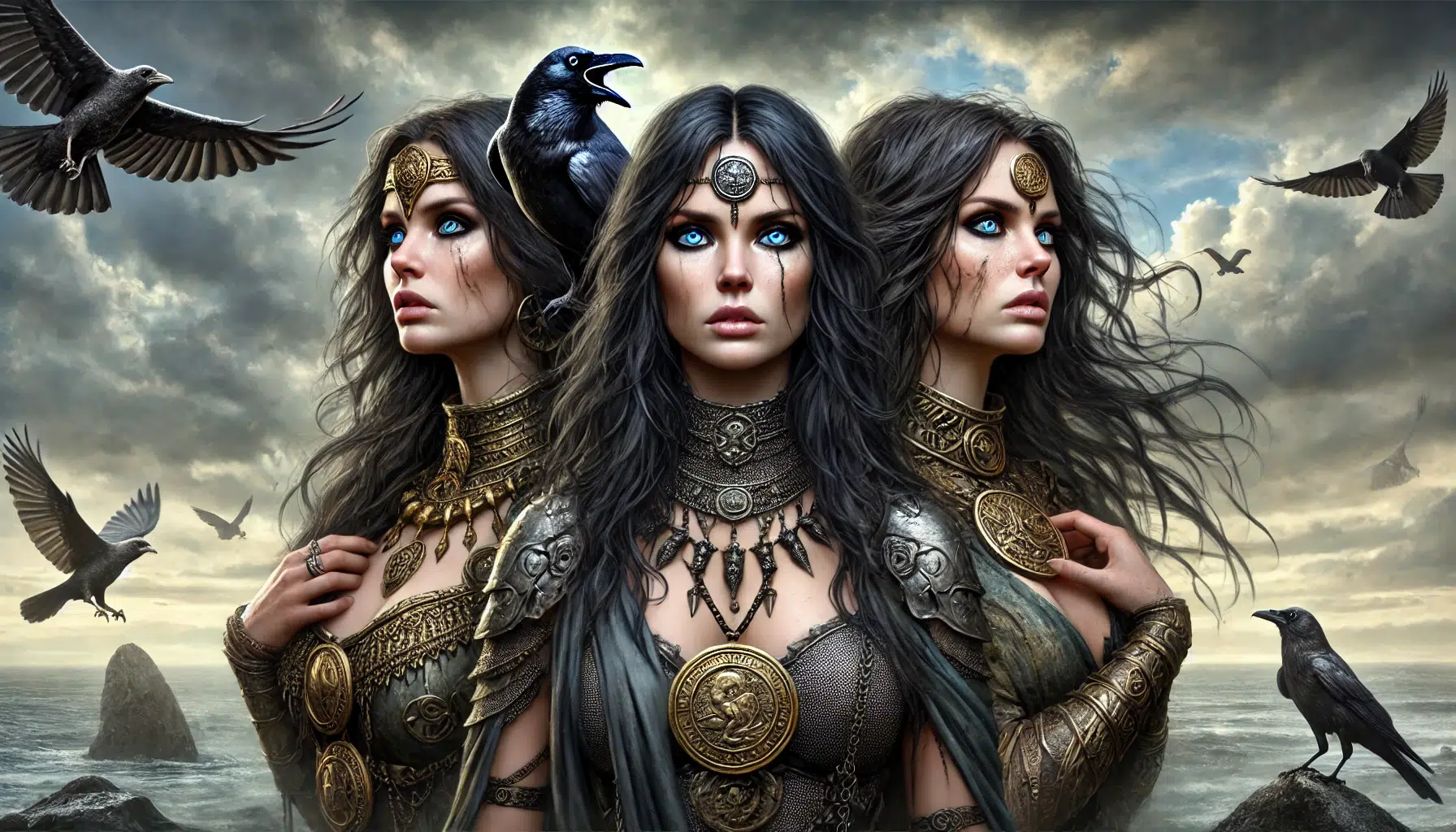 Morrígan in her triple form represented by three beautiful women with long dark hair and striking blue eyes with visible pupils. One foretells the future, with a crow perched on her shoulder, symbolizing prophecy and fate. The second is a warrior queen, linked to war, wearing ornate armour and wielding a weapon. The third is connected to the chaos of battle, inciting terror and confusion among enemies, with a fierce and wild expression. They stand together in a dramatic landscape with dark clouds