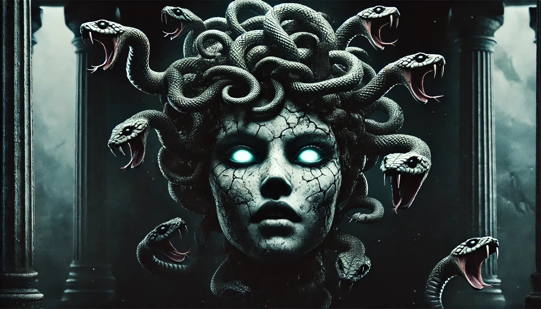 A close-up of the face of Medusa, her eyes glowing menacingly. Her snakes for hair are writhing and slithering around her face, while her mouth is open in a silent scream. The background is dark and shadowy, with hints of stone pillars and columns in the distance. Medusa looks both beautiful and terrifying, with her porcelain skin and sharp features contrasting with the serpents that adorn her head. The image conveys a sense of danger and foreboding, as if the viewer is about to be turned to stone at any moment.