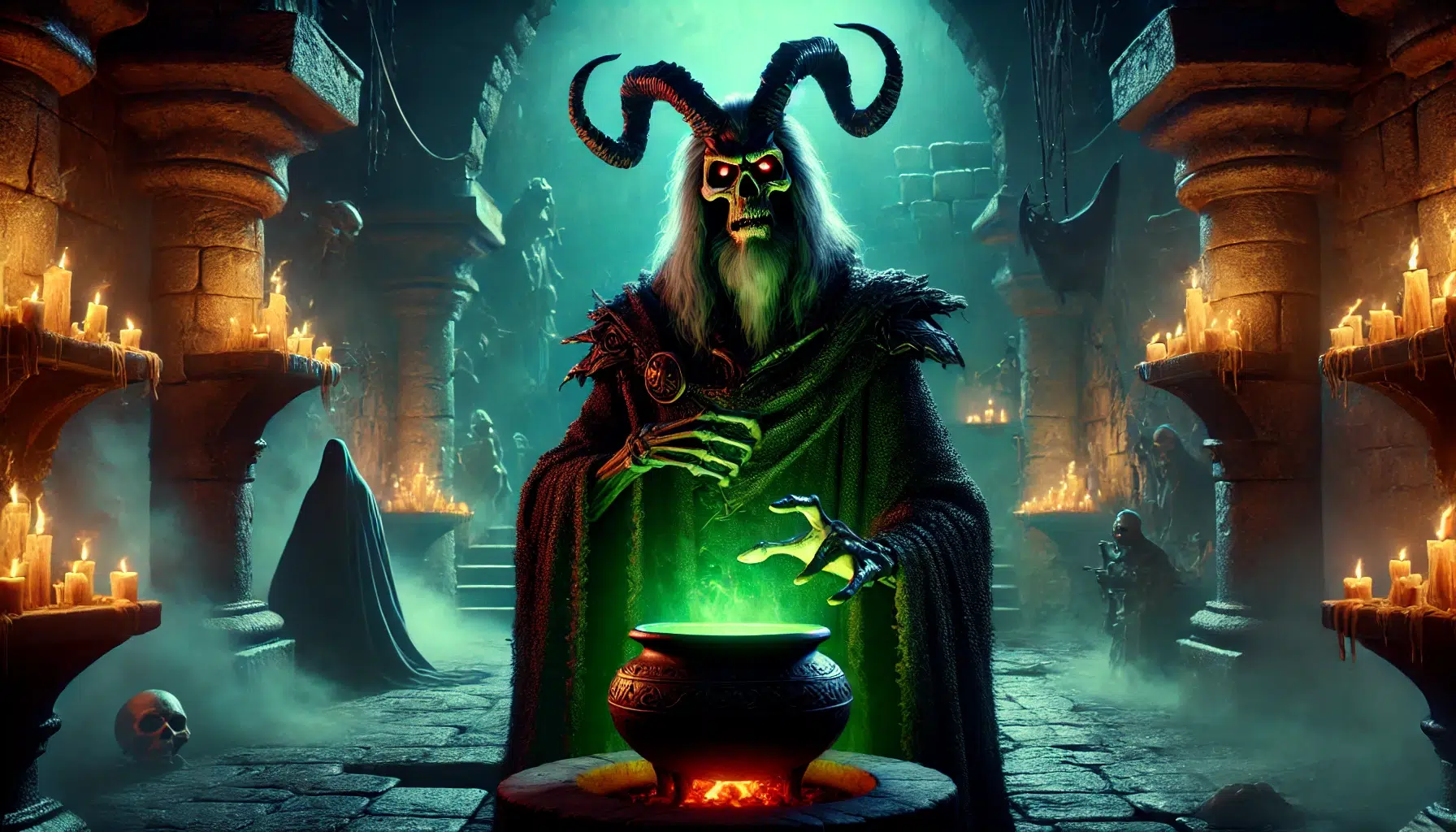A fantasy scene from Disney's animated film The Black Cauldron, based on the second book of The Chronicles of Prydain, featuring Arawn's influence through the Horned King. The scene shows the Horned King, a dark and menacing figure with a skeletal face and glowing red eyes, wearing a horned crown and a tattered cloak. He stands in a gloomy, shadowy castle, with eerie green light emanating from a magical cauldron. The background includes crumbling stone walls, flickering torches, and ghostly figures