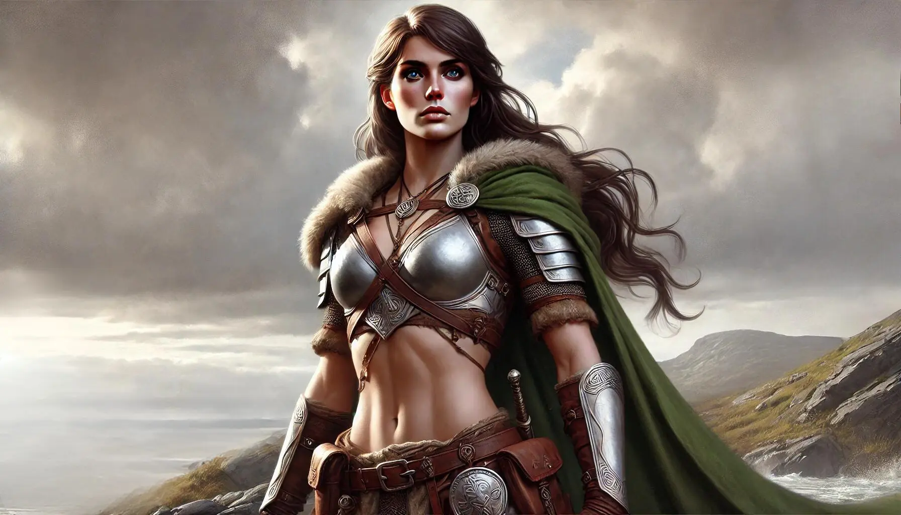 Aífe, Scáthach's rival and sister, depicted as a fierce and skilled warrior woman from Irish mythology. Aífe stands confidently, with a strong and athletic build, wearing traditional Celtic warrior attire including armour and a cloak. She has long flowing hair and a determined expression. The background features a rugged landscape with rocky terrain and a dramatic sky
