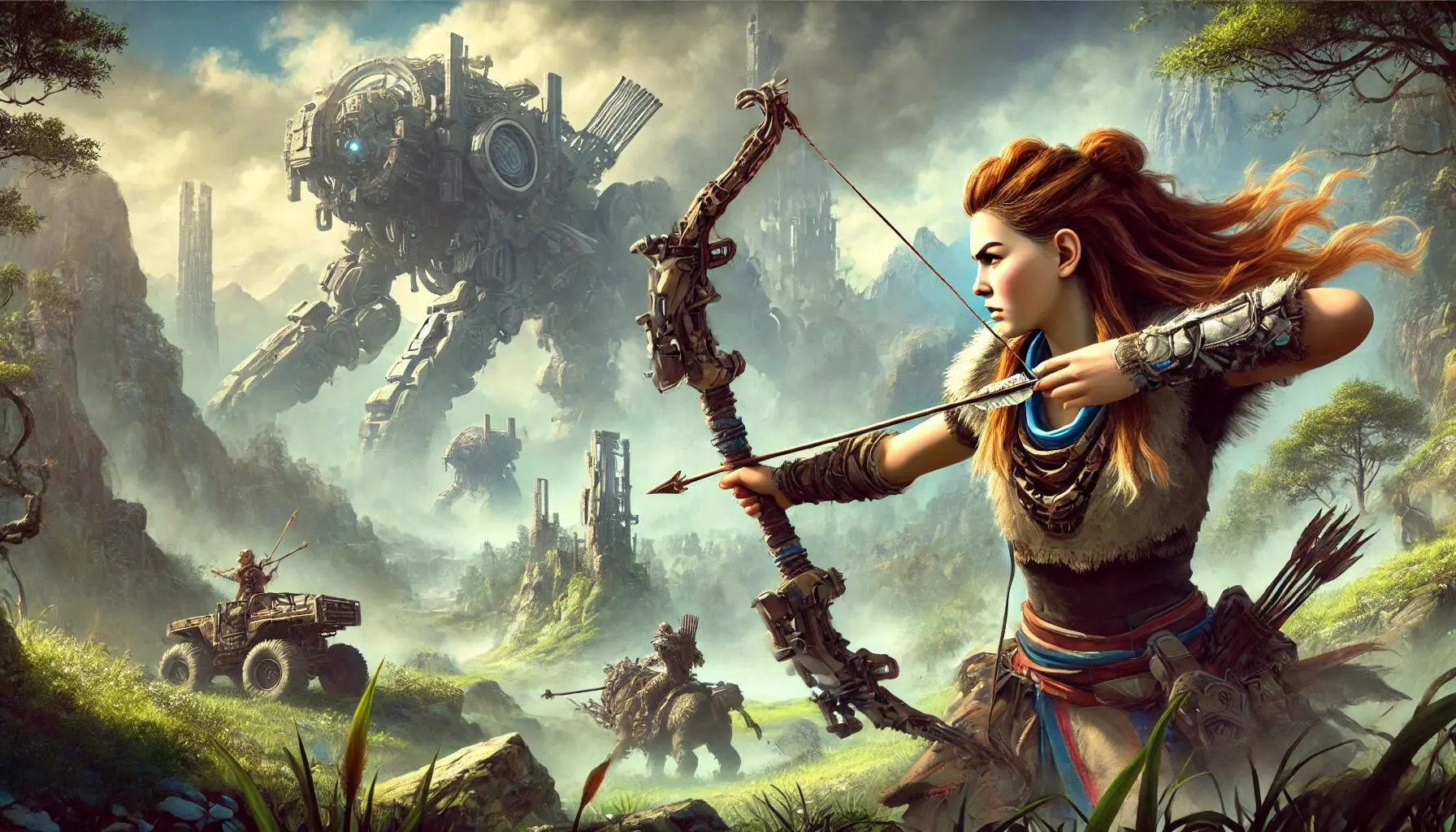 A fantasy depiction of Aloy from the Horizon series. She stands in a vast, post-apocalyptic landscape with towering mechanical beasts in the distance. Aloy, in her iconic outfit, holds a powerful bow with an arrow ready. Her expression is fierce and focused as she aims at a mechanical creature. The background features a mix of ruined ancient structures and lush nature, highlighting the blend of technology and wilderness