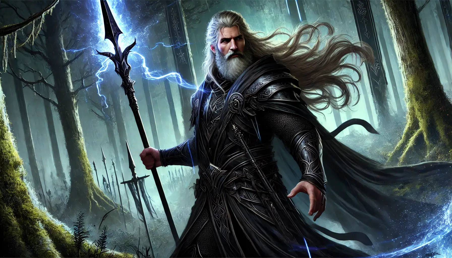 Arawn, ruler of Annwn, wielding his Black Spear, a powerful weapon imbued with dark magic. The spear radiates an ominous glow, symbolizing Arawn's skill in battle and his ability to pierce through any armour or shield. Arawn stands strong and imposing, with a majestic beard and a black cloak flowing in the wind