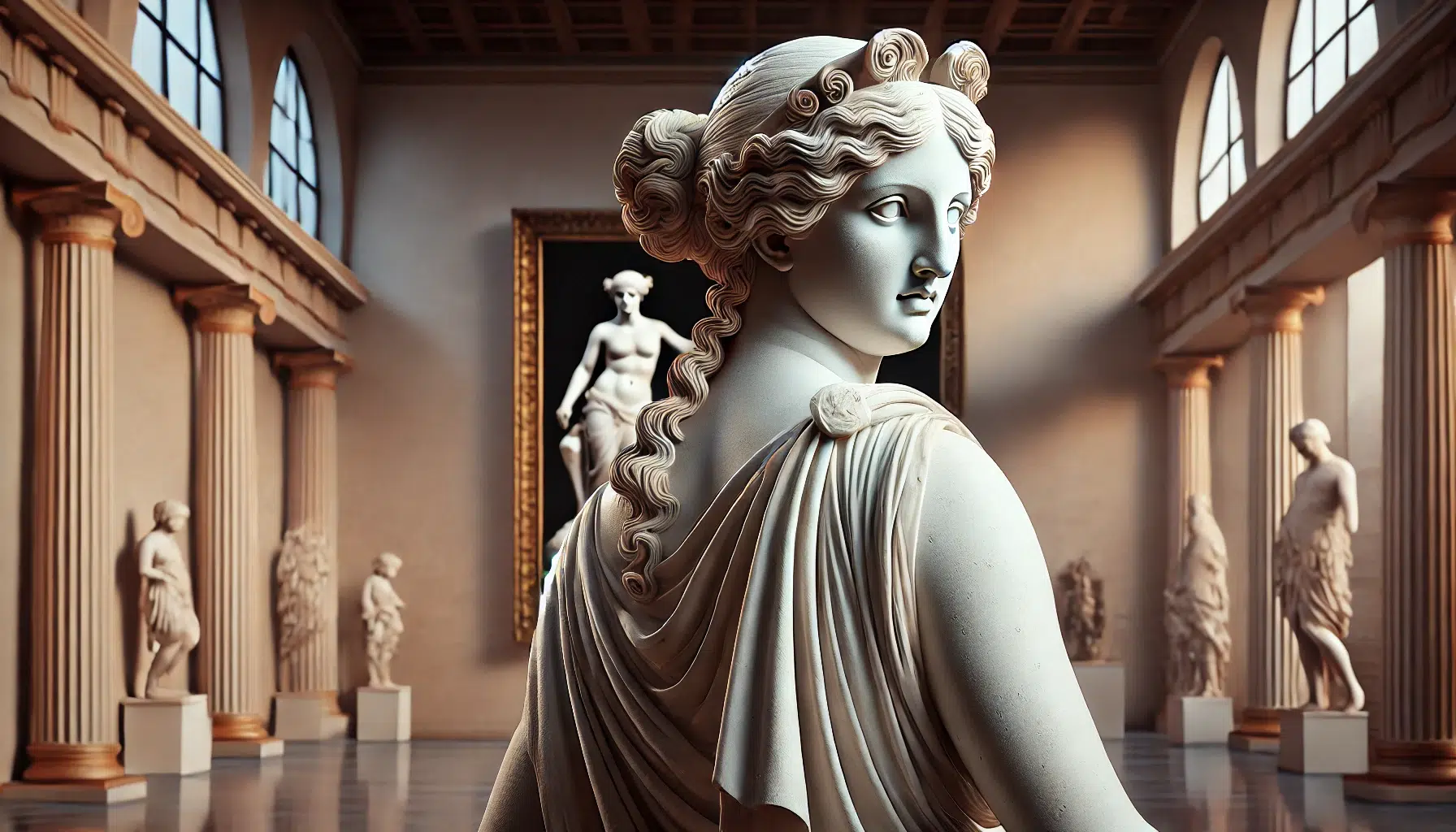 Aphrodite Kallipygos, an iconic statue of Aphrodite looking over her shoulder, symbolizing beauty and self-admiration. The statue depicts Aphrodite with an elegant and graceful posture, her body slightly turned as she gazes back. Her attire is draped beautifully, accentuating her feminine curves. The background features a classical setting, possibly a museum or an ancient Greek environment, emphasizing the statue's historical and cultural significance.