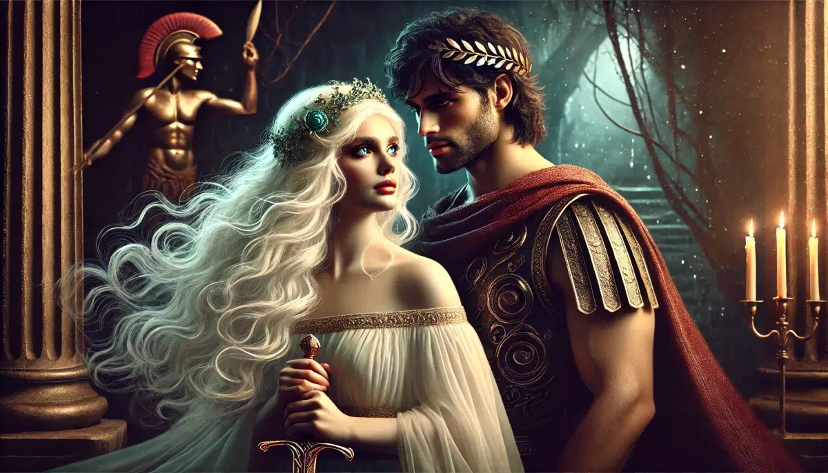Aphrodite, the Greek goddess of love and beauty, having a passionate affair with Ares, the god of war. They feel a strong attraction to each other. Despite being married to Hephaestus, Aphrodite can’t resist Ares’s charm and strength. The image depicts them secretly meeting together in an intimate and romantic setting. Aphrodite has long, flowing platinum blond hair, radiant blue eyes, and wears elegant, divine garments. Ares is a powerful and handsome figure with dark hair and muscular build, dressed in warrior attire