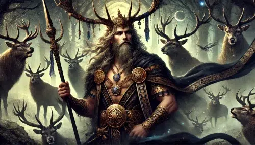 Arawn, God of the Underworld in Celtic mythology, depicted as a majestic and powerful figure. He has a regal presence, wearing a golden torc around his neck and a horned crown adorned with stag antlers. Arawn has a majestic beard and wears a black cloak, enhancing his mysterious aura. He wields a black spear, symbolizing his skill in battle and his ability to pierce any armour. The background features a dark, enchanted forest with ancient trees and a soft, otherworldly light, hinting at the mystical Otherworld he rules