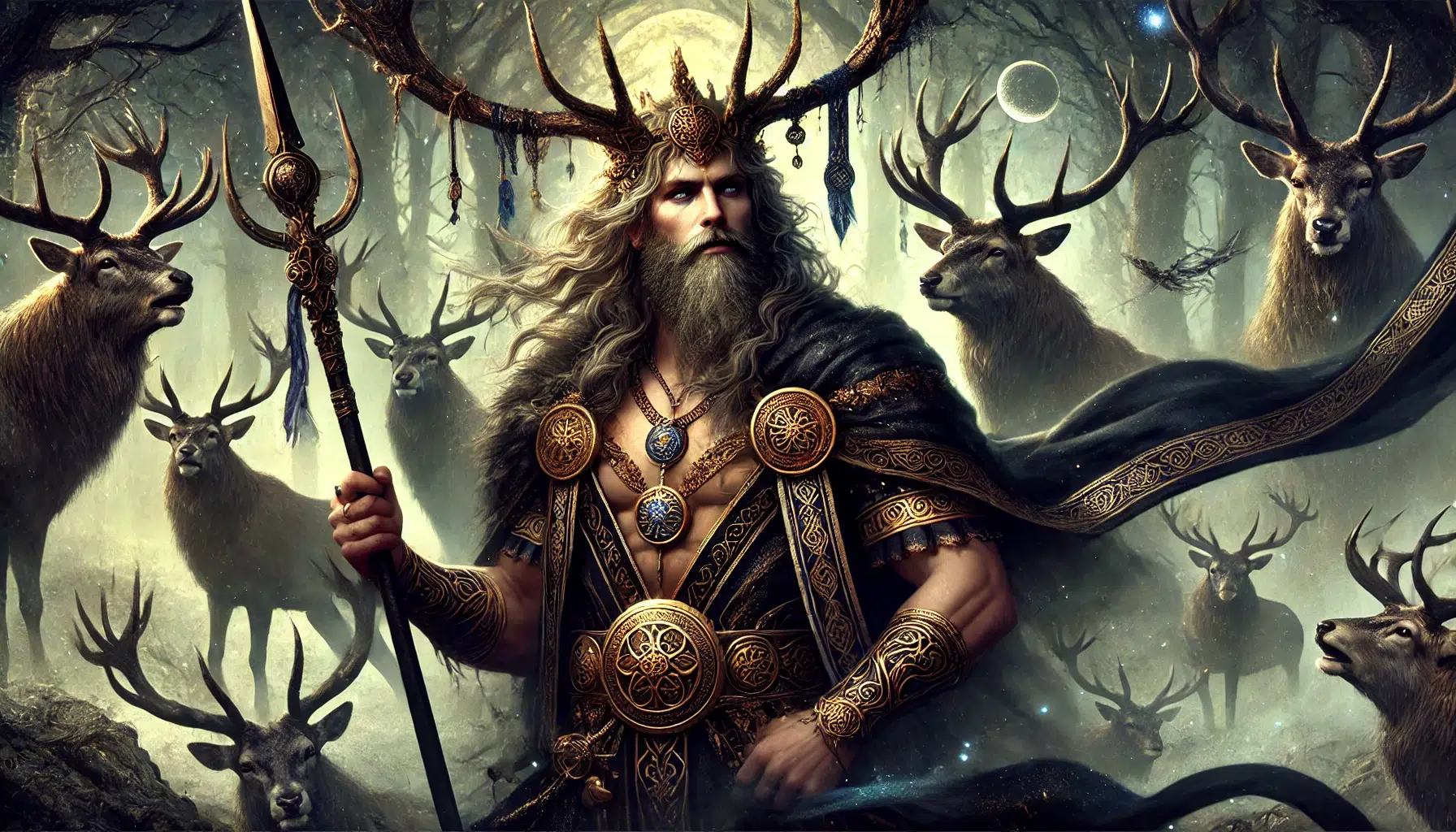 Arawn, God of the Underworld in Celtic mythology, depicted as a majestic and powerful figure. He has a regal presence, wearing a golden torc around his neck and a horned crown adorned with stag antlers. Arawn has a majestic beard and wears a black cloak, enhancing his mysterious aura. He wields a black spear, symbolizing his skill in battle and his ability to pierce any armour. The background features a dark, enchanted forest with ancient trees and a soft, otherworldly light, hinting at the mystical Otherworld he rules