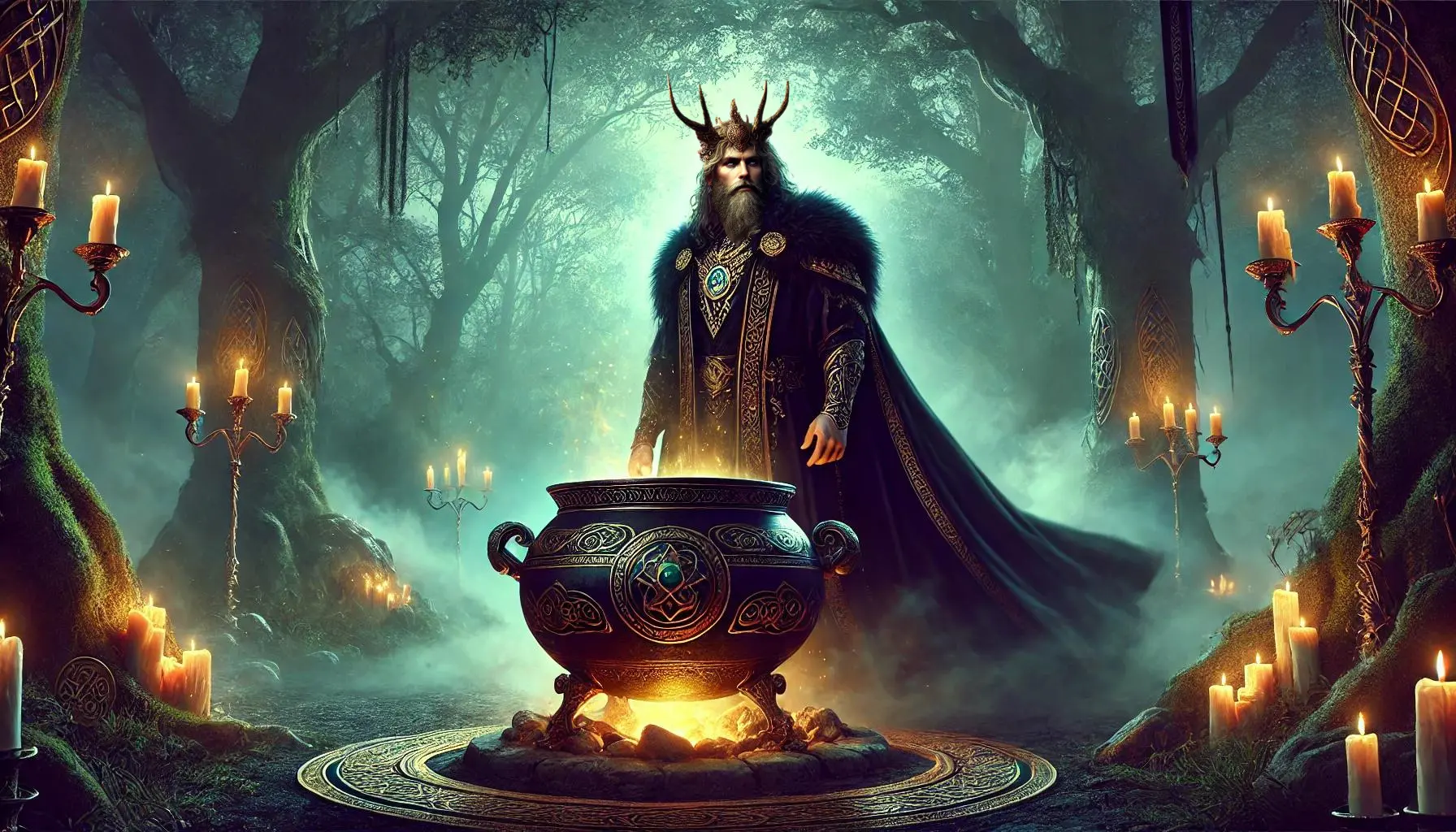Arawn, ruler of the Underworld in Celtic mythology, stands next to the black Cauldron of Rebirth. The cauldron is large and ornate, glowing with a mystical light, symbolizing its power to bring the dead back to life. The scene is set in a dark, enchanted forest with ancient trees and soft, otherworldly light