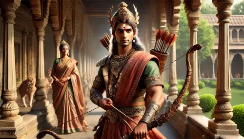 Arjuna, also known as Kaunteya, meaning 'son of Kunti.' Arjuna stands proudly with his bow and arrows, dressed in detailed traditional warrior attire with a majestic headdress. His features are sharply defined, showing determination and strength. Kunti, his mother, stands in the background, looking at him with pride and affection. The setting is an ancient palace with intricate architecture and lush greenery, highlighting their royal heritage. The atmosphere is serene and dignified, emphasizing the bond between mother and son and Arjuna's noble lineage.
