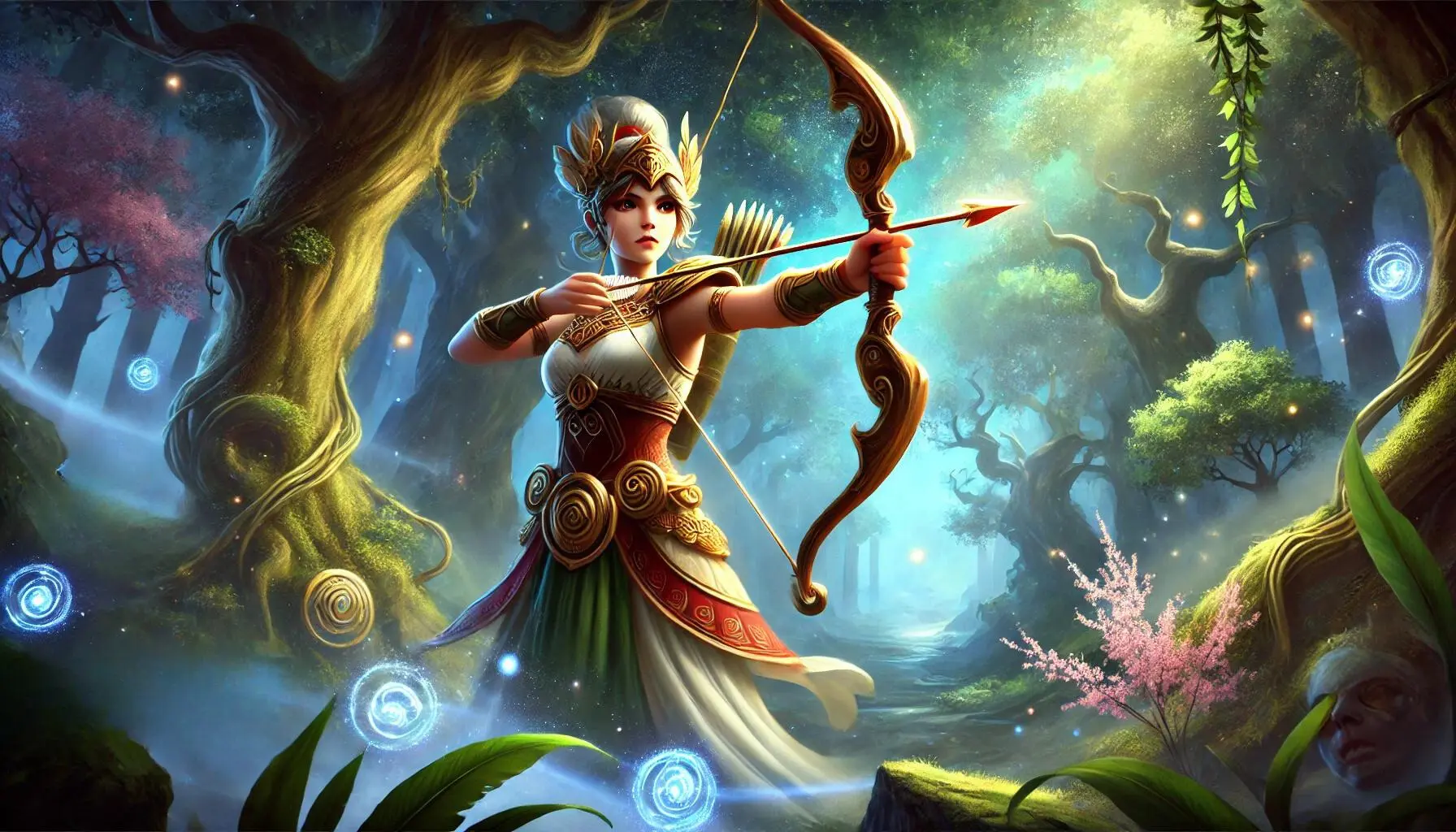 A fantasy depiction of Artemis from Smite. She stands in an ancient, mystical forest with towering trees and magical glowing flora. Artemis, in her iconic huntress outfit, holds a powerful bow with an arrow ready. Her expression is fierce and focused as she aims at an unseen target. The background features ethereal lights and shadows, highlighting the magical atmosphere of the forest