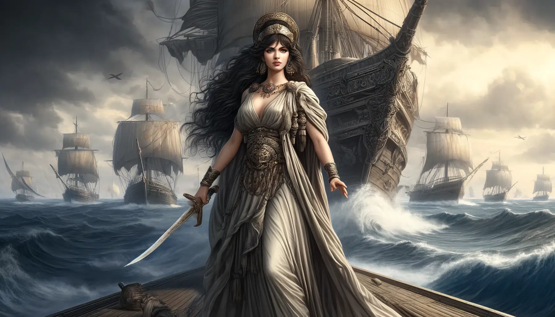 Artemisia I of Caria, an ancient Greek queen and naval commander, depicted in a 16:9 aspect ratio. She stands on the deck of a large ancient warship, dressed in modest, flowing garments with intricate designs that cover her fully. She has long, flowing dark hair and wears a helmet adorned with a crest. She holds a sword in one hand, looking determined and authoritative. The ship is set against a backdrop of a turbulent sea, with waves crashing around it.