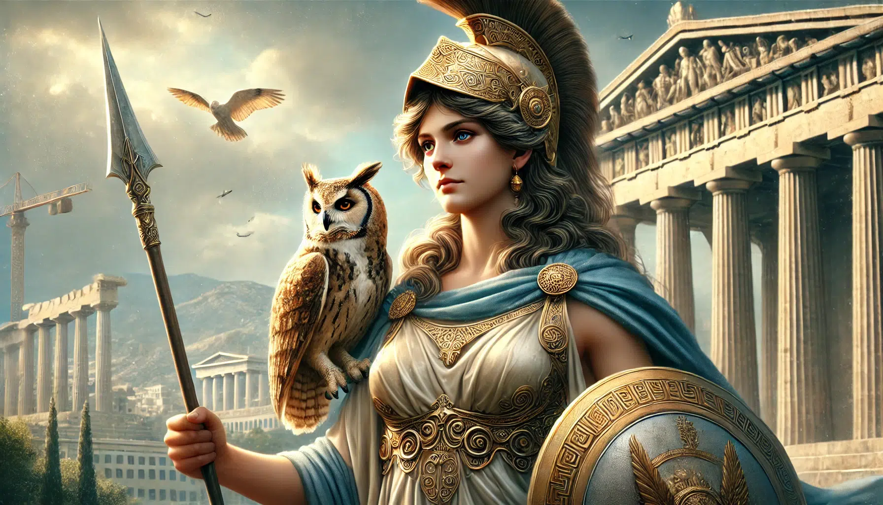 Athena, the Goddess of Wisdom, depicted as a powerful and wise figure. She stands tall with a confident presence, holding a shield in one hand and a spear in the other. Athena has a calm and intelligent expression and is dressed in flowing, ancient Greek robes with armor. An owl, her sacred animal, sits on her shoulder, symbolizing wisdom. The background features the Parthenon, a grand temple in Athens, with a bright sky. The overall scene conveys Athena's strength, wisdom, and protective nature, portrayed in a realistic manner.