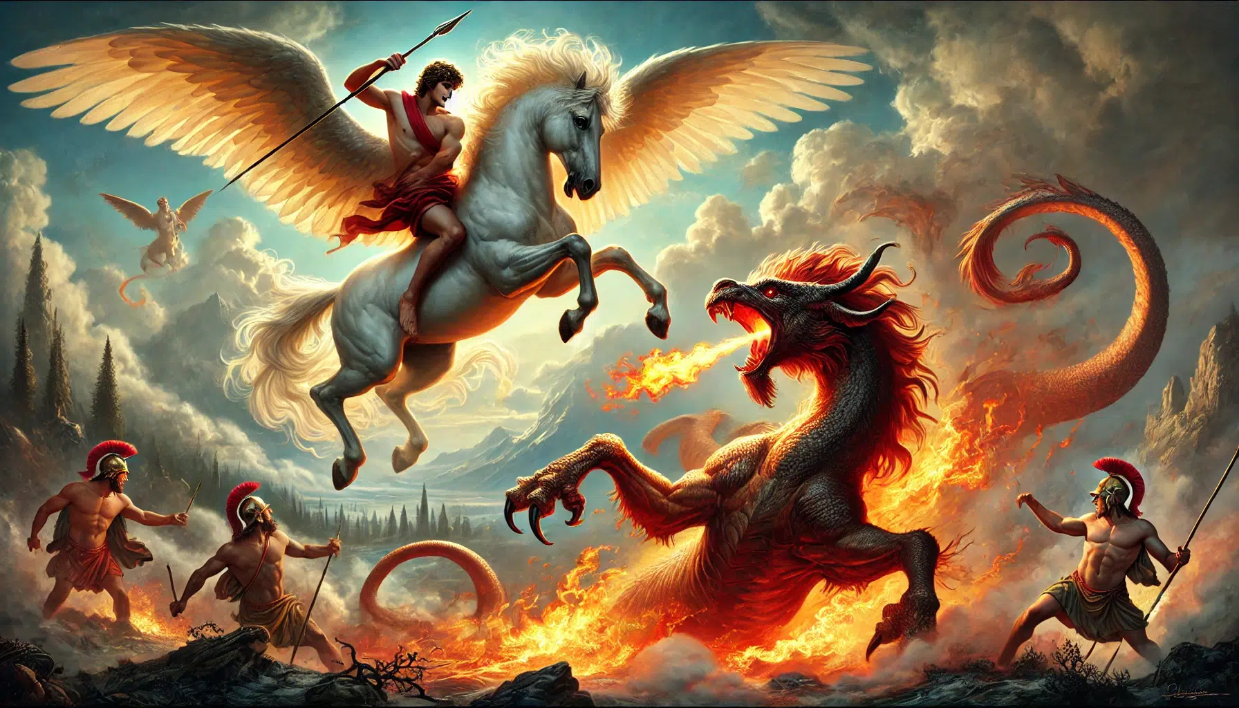 Bellerophon, with the help of the winged horse Pegasus, defeating the Chimera, a fire-breathing monster. Show Bellerophon riding Pegasus in the sky, aiming his spear at the Chimera below. The Chimera should be depicted as a fearsome creature with the body of a lion, the head of a goat on its back, and a snake for a tail, breathing fire. The background should include a dramatic landscape with mountains and a fiery battlefield. The scene should convey a sense of action and heroism, with vivid colors and dynamic movement.