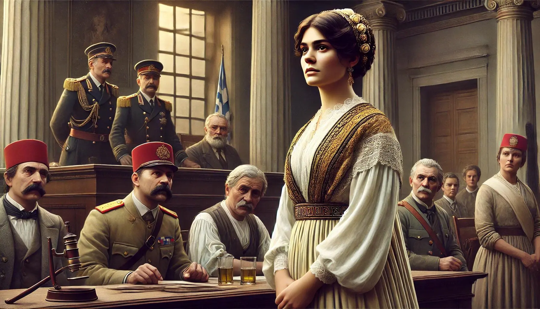 Laskarina Bouboulina, stands in a government setting where authorities decide to exile her. The scene shows a solemn courtroom with government officials and soldiers present. Bouboulina looks determined but resigned as officials announce her exile
