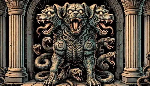 Cerberus, the monstrous three-headed dog, stands guard at the gates of the Underworld. Each of his three heads looks menacing and fierce, with sharp teeth and glowing eyes. Snakes writhe from his back, adding to his fearsome appearance. His tail is a serpent, and the background shows the dark, eerie gates of the Underworld, emphasizing his role as the guardian who ensures the dead cannot leave and the living cannot enter
