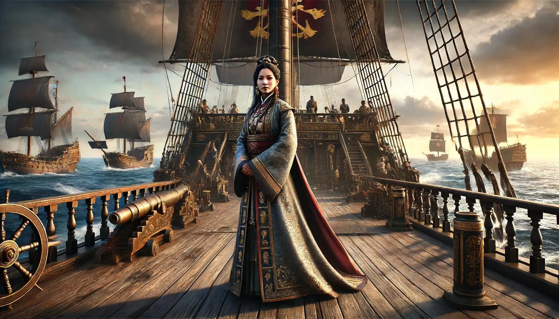 Ching Shih, the famous 19th-century Chinese pirate, stands on the deck of a large pirate ship. She is a strong and commanding woman with an elegant yet fierce appearance, dressed in traditional Chinese attire with pirate elements such as a long flowing robe, ornate armor, and a headscarf. The background features a vast ocean with other pirate ships in the distance, and the sky is a dramatic blend of stormy clouds and the setting sun. The ship's deck is bustling with activity, with crew members preparing for battle, cannons ready, and pirate flags waving in the wind.