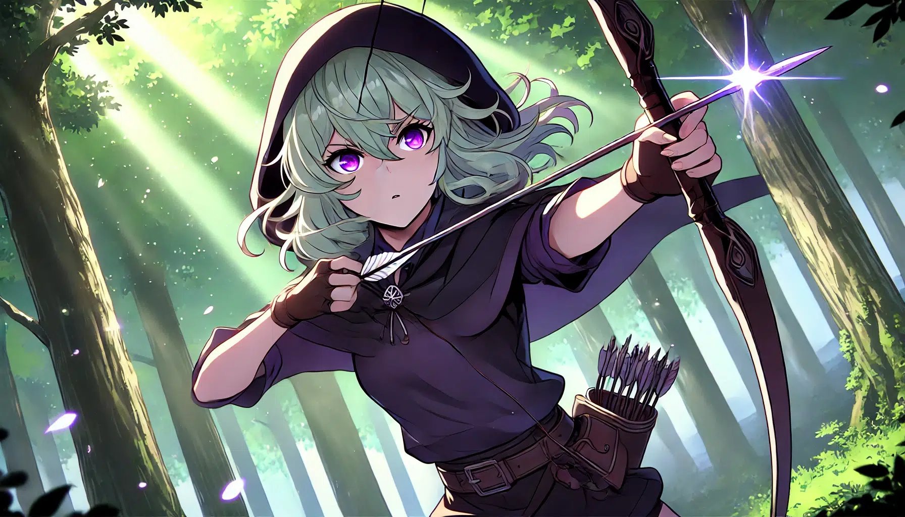 An anime-style image of Collei from Genshin Impact using her Normal Attack: Supplicant's Bowmanship. She has short, wavy light green hair that reaches her shoulders, and purple, almost magenta eyes. She is wearing a plain black shirt and a simple pair of shorts under an all-black hooded cloak. Collei is depicted in mid-action, drawing her bow with a determined expression, aiming at an unseen target