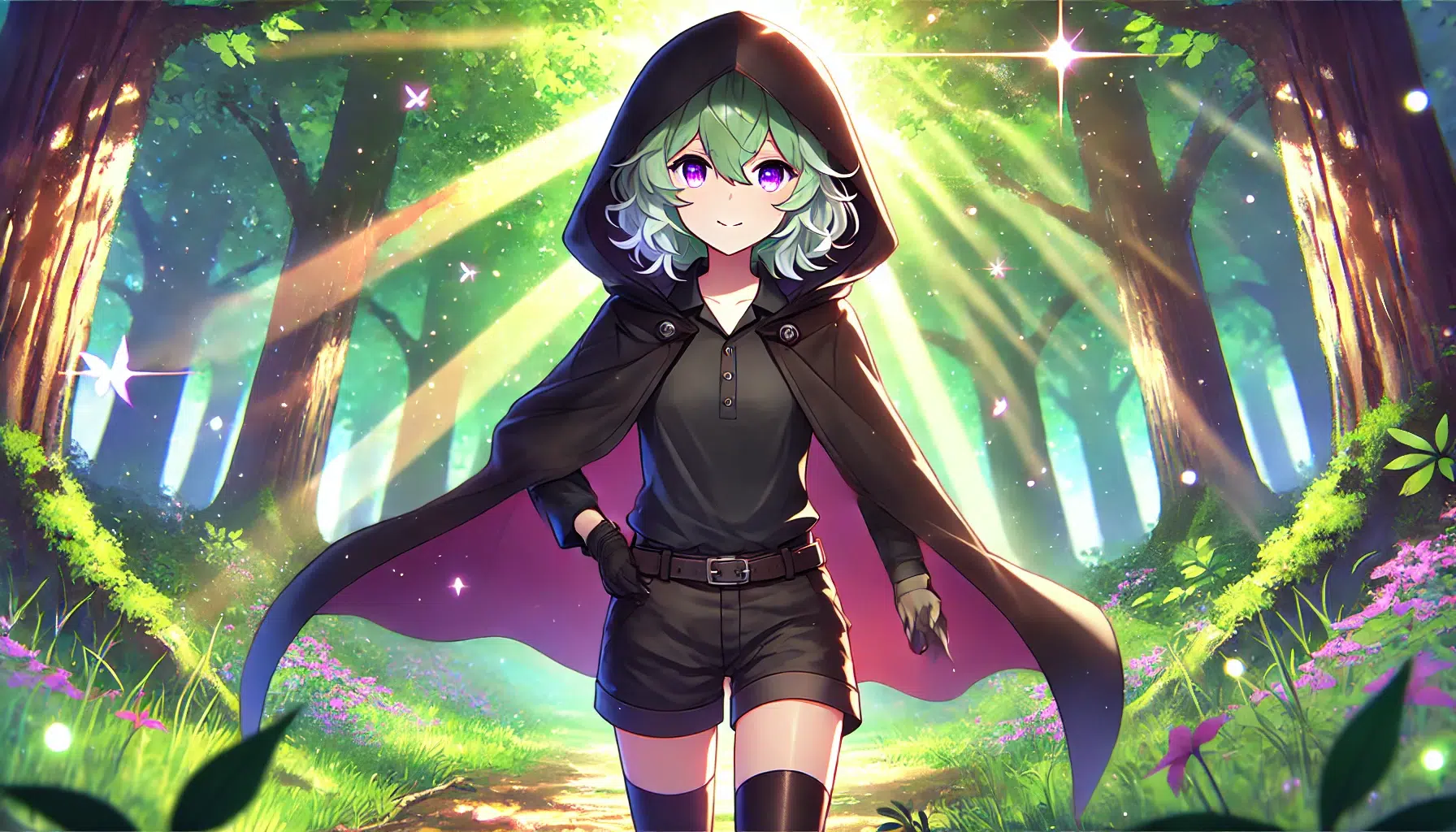 A vibrant anime-style image of Collei from Genshin Impact. She has fair skin, short wavy light green hair that reaches her shoulders, and purple, almost magenta eyes. She is wearing a plain black shirt and a simple pair of shorts under a hooded black cloak, with the inside of the cloak also black. She also has an ushanka hat, a pair of gloves, and boots that reach up to below her knees. Collei stands confidently in a lush, magical forest with beams of sunlight filtering through the trees