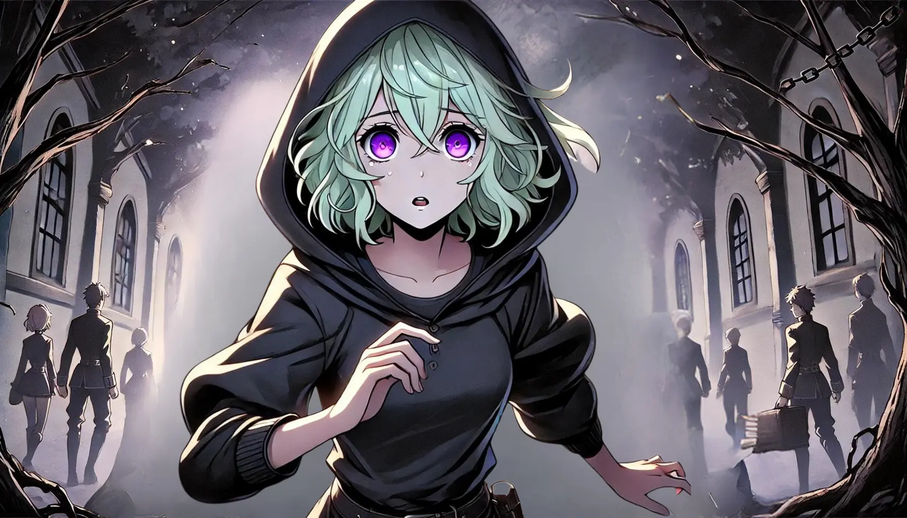 An anime-style image of Collei from Genshin Impact running away from the Fatui to Mondstadt. She has short, wavy light green hair that reaches her shoulders, and purple, almost magenta eyes. She is wearing a plain black shirt and a simple pair of shorts under an all-black hooded cloak. Collei looks concerned as she runs through a dark landscape symbolizing the Fatui's presence