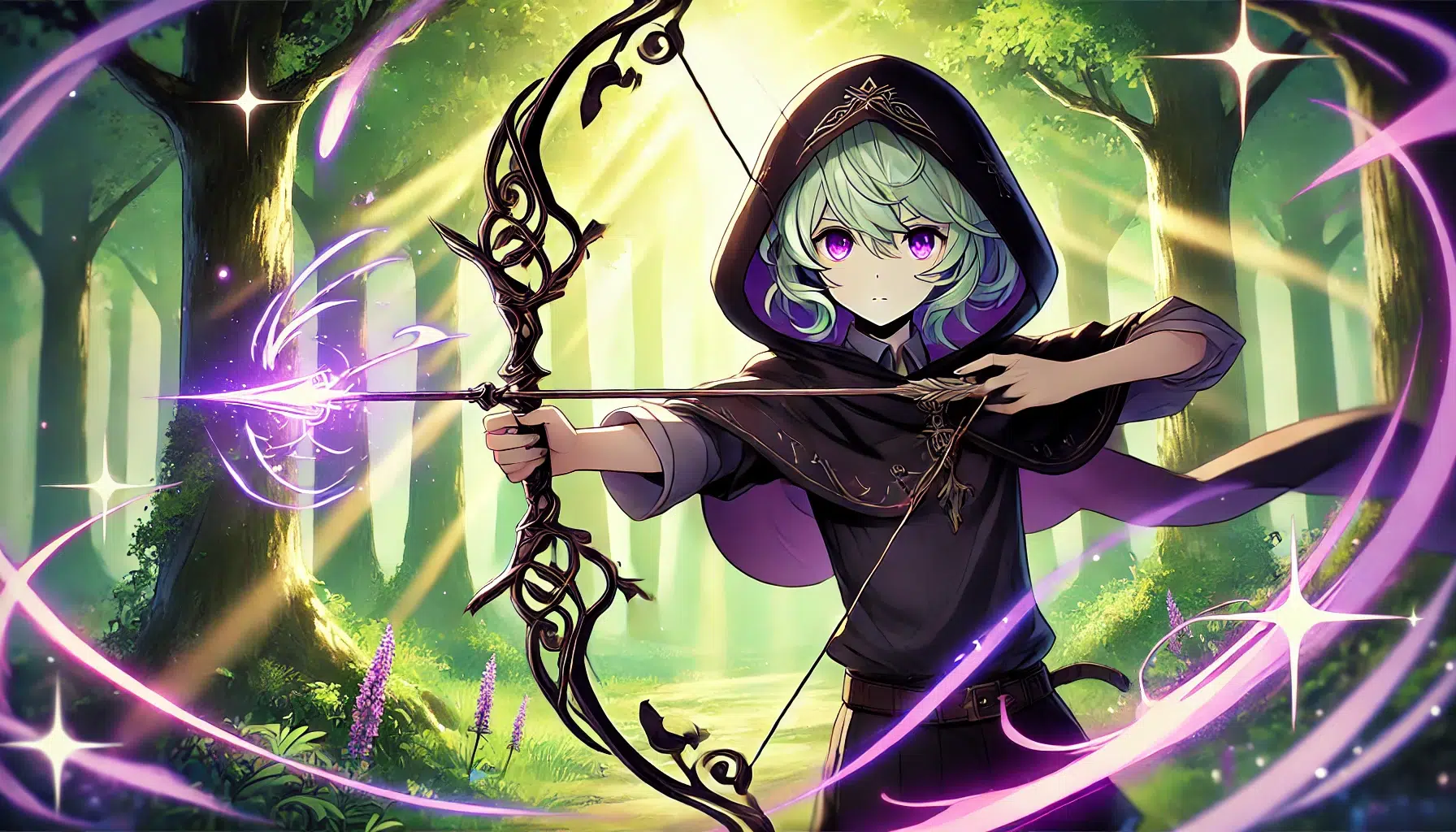 An anime-style image of Collei from Genshin Impact using her best weapon, Elegy for the End. She has short, wavy light green hair that reaches her shoulders, and purple, almost magenta eyes. She is wearing a plain black shirt and a simple pair of shorts under an all-black hooded cloak. Collei is depicted in mid-action, holding the Elegy for the End bow, which is ornately designed with elegant curves and mystical motifs