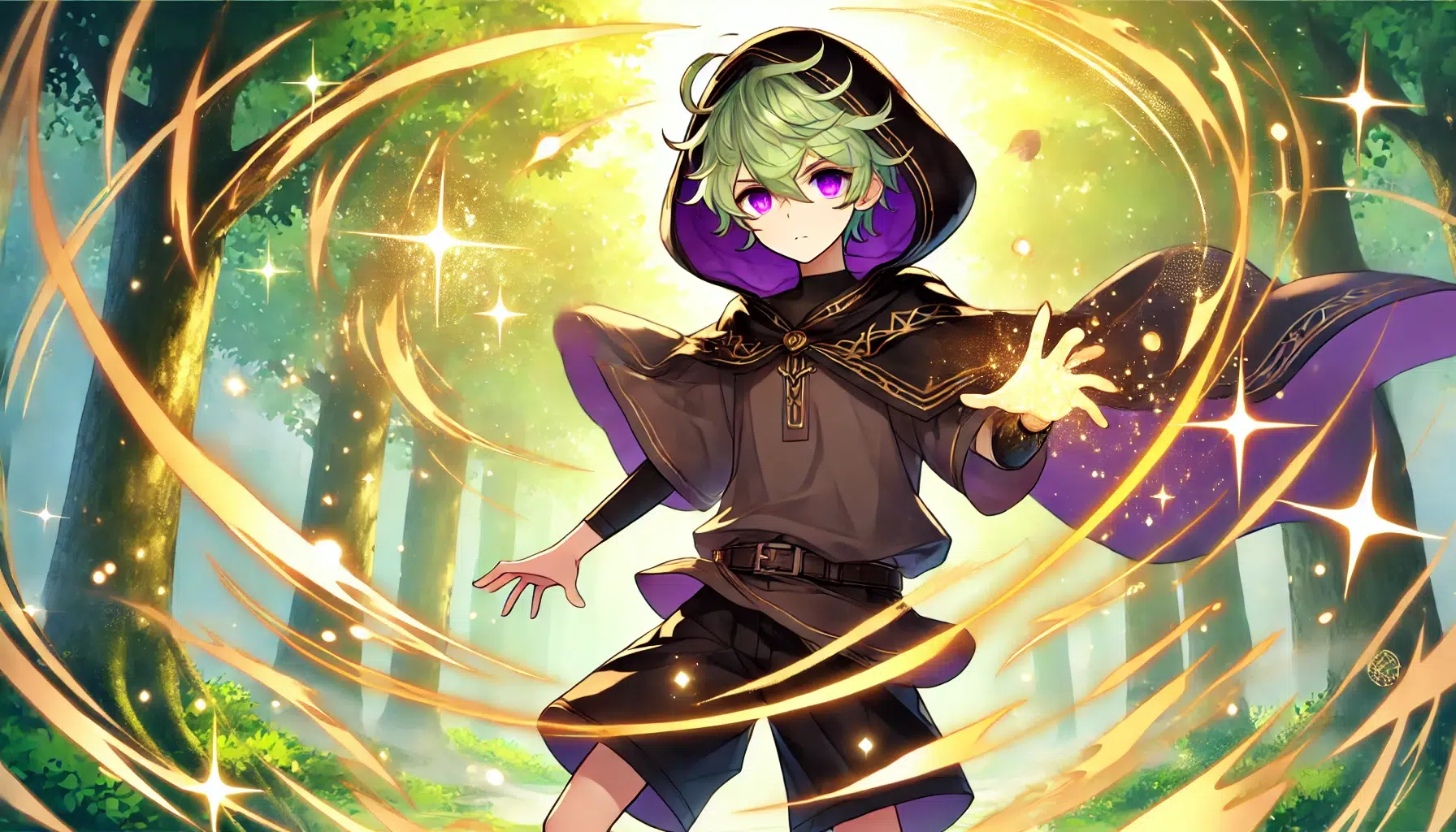 An anime-style image of Collei from Genshin Impact using the Tenacity of the Millelith artifact set. She has short, wavy light green hair that reaches her shoulders, and purple, almost magenta eyes. She is wearing a plain black shirt and a simple pair of shorts under an all-black hooded cloak. Collei is depicted in mid-action, surrounded by a golden aura symbolizing the power of the Tenacity of the Millelith artifact set, enhancing her strength and defense