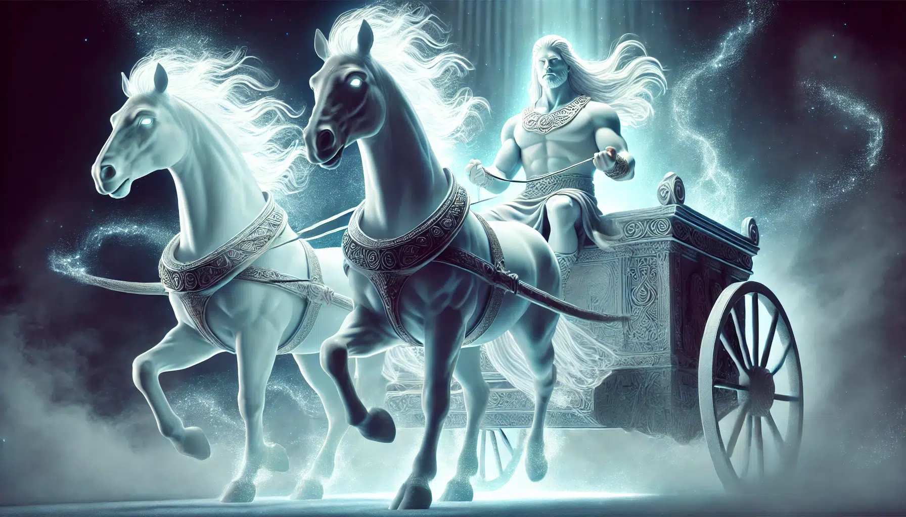 Cú Chulainn is in a chariot with two white horses, there is a white aura around them all suggesting a ghost-like scene