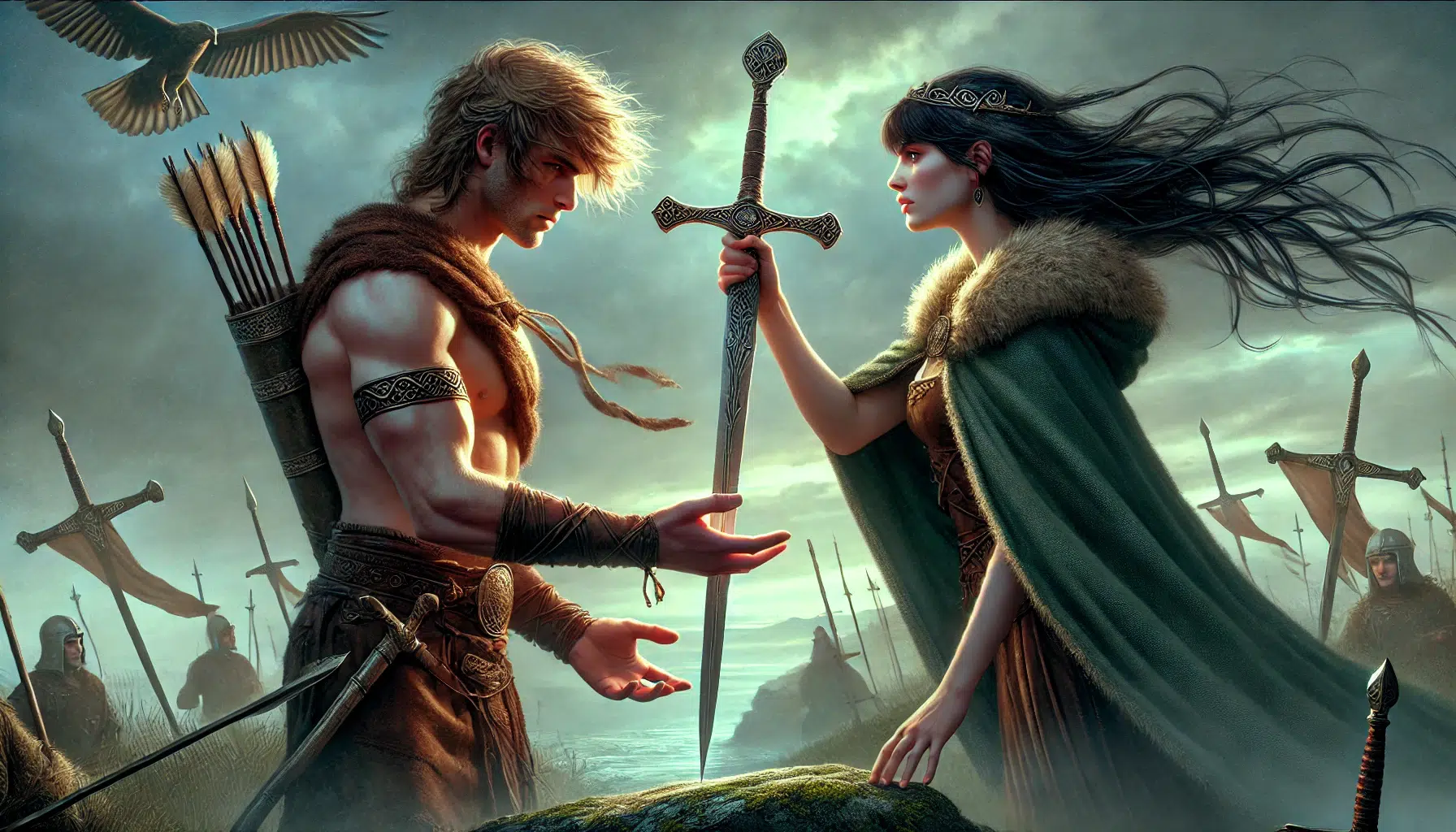 young Cu Chulainn, at 16 years old, receiving the deadly spear known as the Gáe Bulg from Scáthach. Cu Chulainn, he is a youthful, muscular boy with long hair. Scáthach has dark hair, strong and wise as a warrior. The scene should be dramatic and mystical, set in an ancient Irish landscape