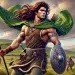 Cú Chulainn, the legendary hero from Irish mythology, depicted as a young warrior with a strong and athletic build. He has long, flowing hair and wears traditional Celtic warrior attire, including a tunic, cloak, and armour. He wields a spear and shield, standing in a heroic pose on a battlefield. The background features rolling green hills and a dramatic sky with dark clouds, symbolizing the epic nature of his battles
