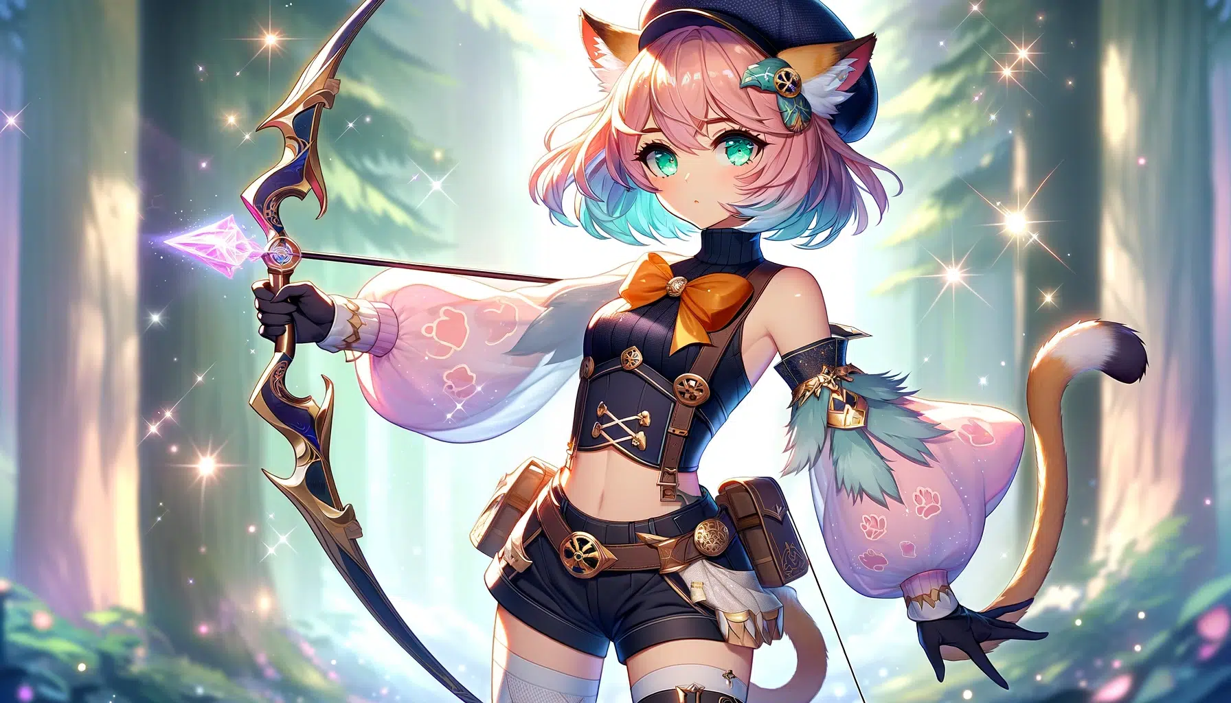 Diona using her favourite weapon, the Sacrificial Bow. Diona should have fair skin, short pink hair with a gradient where the tips are darker, teal green eyes, and round eyebrows. Her cat ears and tail should resemble those of a calico cat. She should wear a large dark indigo cap, dark shorts with gold paw-print decorations, a dark midriff-baring sleeveless turtleneck shirt with an orange-yellow scarf, pale pink sleeves, a vest of the same color, and white gloves with light pink paw-like patterns on the undersides. Diona should be in a dynamic pose, holding the Sacrificial Bow with an icy aura around it