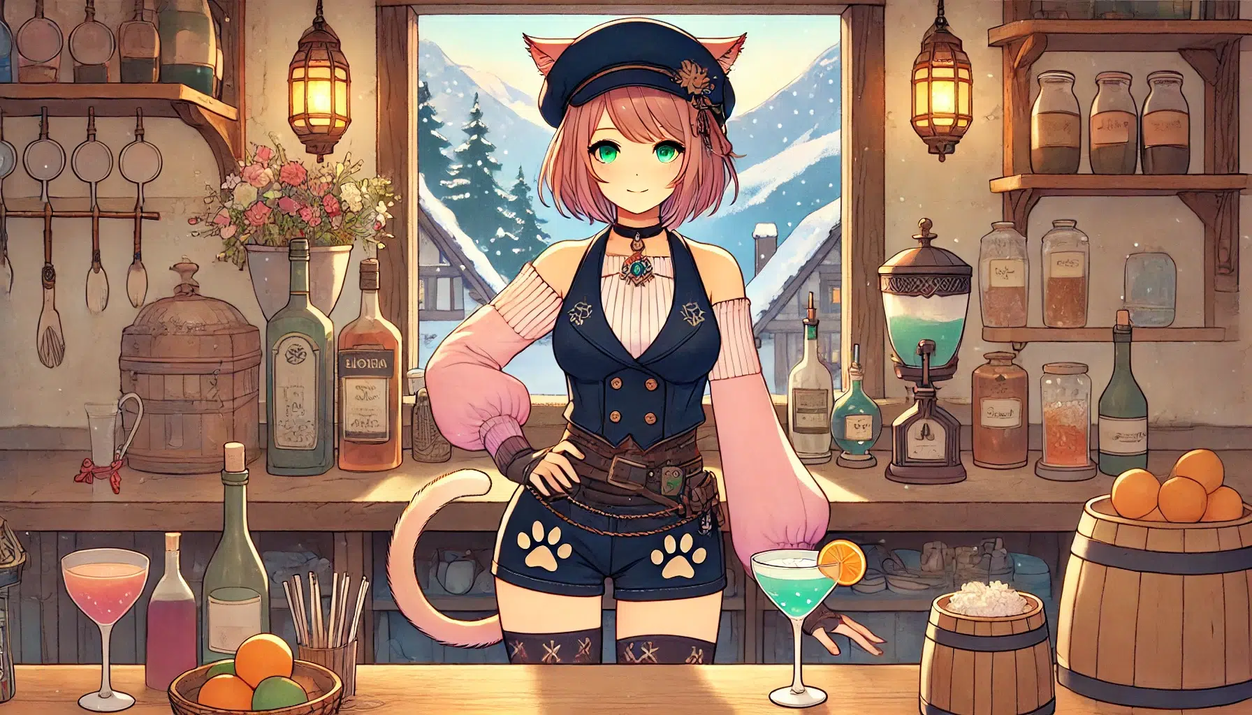 Diona's hometown, a small village nestled in the mountains, where she first learned to make her famous Cryo cocktails. The image should feature a cozy tavern with warm lighting and snow-capped peaks in the background. Show Diona behind the bar, surrounded by ingredients and tools as she mixes a drink with expert precision. Diona has fair skin, short pink hair with a gradient where the tips are darker, teal green eyes, and round eyebrows. Her cat ears and tail resemble those of a calico cat