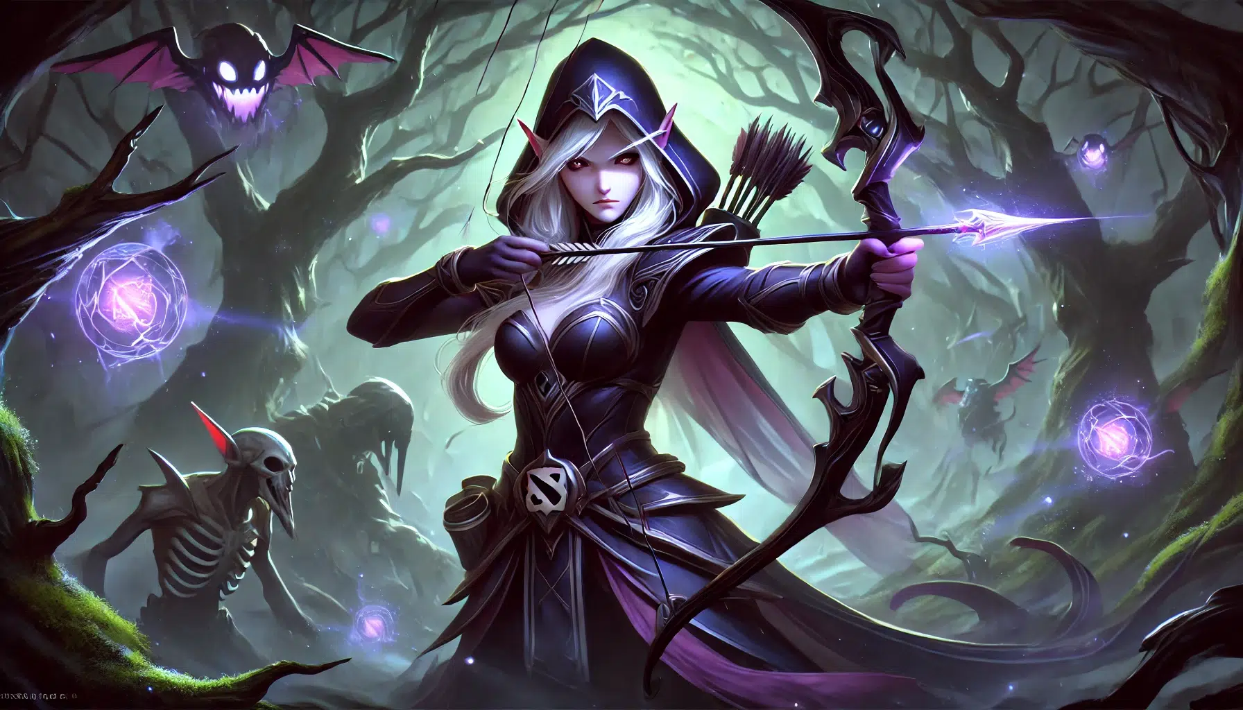 A fantasy depiction of Drow Ranger from Dota 2. She stands in a dark, enchanted forest with twisted trees and eerie, glowing lights. Drow Ranger, in her iconic dark armour and hood, holds a powerful bow with an arrow ready. Her expression is fierce and focused as she aims at an unseen target. The background features mystical elements and shadows, highlighting the dark and magical atmosphere
