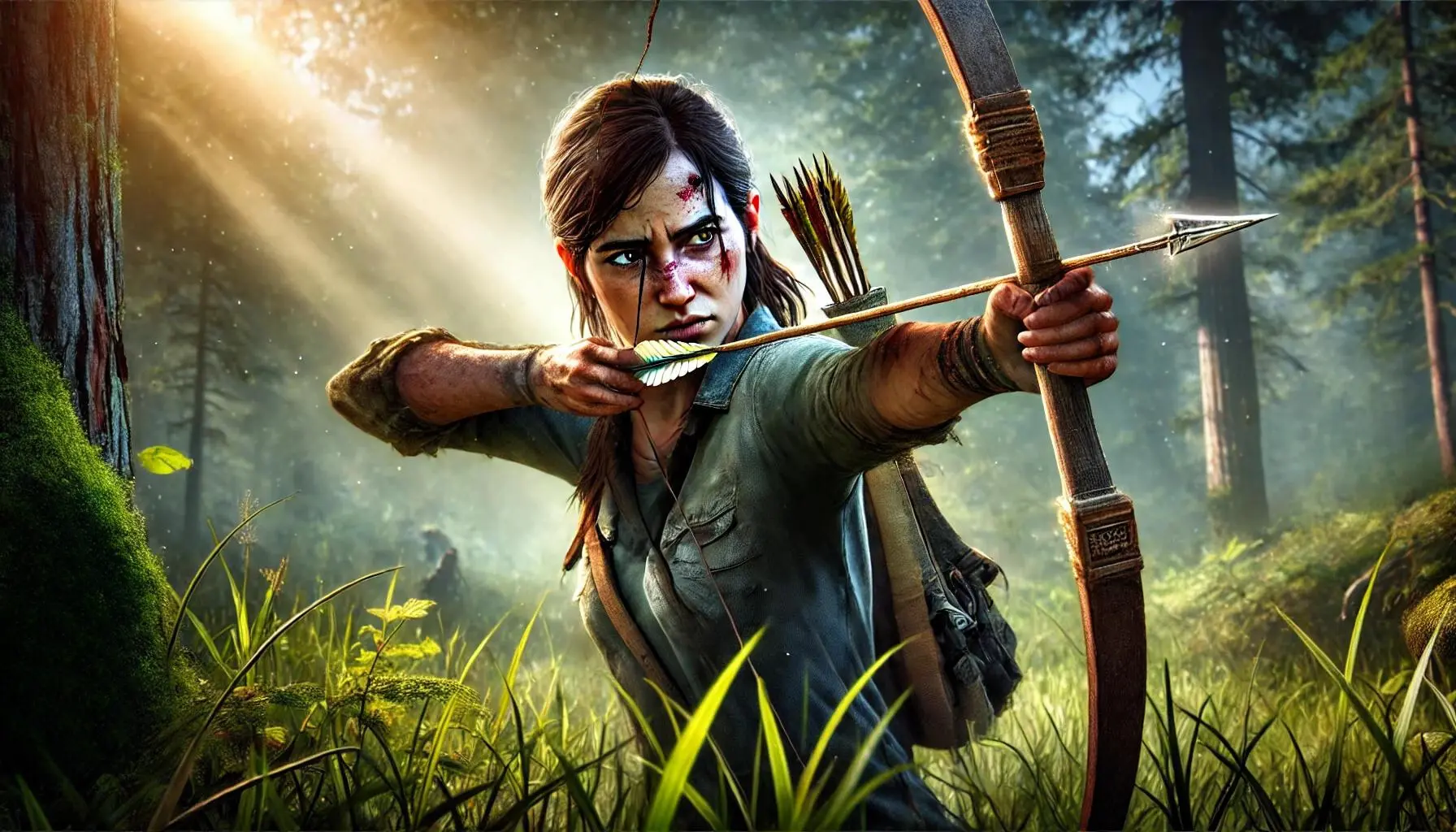 Ellie from The Last of Us Part II crouching stealthily in the woods. She pulls back her bowstring with intense determination, locking eyes with a distant target. The sun glimmers off her sweat-drenched forehead as she holds her breath and releases her arrow, watching it soar through the air with deadly accuracy towards its destination. Behind her, the lush foliage and towering trees of the forest create a stunning backdrop for this epic display of archery prowess
