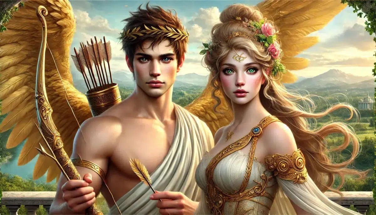 Eros, the god of love, and Psyche, a beautiful mortal princess in Greek mythology. Psyche's beauty is so great that people start to neglect the worship of Aphrodite. Eros is depicted as a handsome young man with golden wings, holding a bow and arrows. Psyche is portrayed as an extraordinarily beautiful woman with light brown hair and green eyes, dressed in elegant garments. The background shows a serene, mythical landscape, emphasizing their divine and enchanting presence