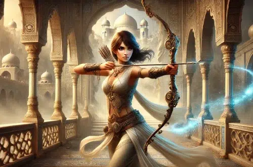 A fantasy depiction of Farah from Prince of Persia: The Sands of Time. She stands in an ancient, mystical palace with grand arches and ornate decorations. Farah, in her elegant combat attire, holds a finely crafted bow with an arrow ready. Her expression is determined and focused as she aims at an unseen target. The background features sand dunes visible through the arches and magical glowing elements, highlighting the blend of fantasy and ancient architecture