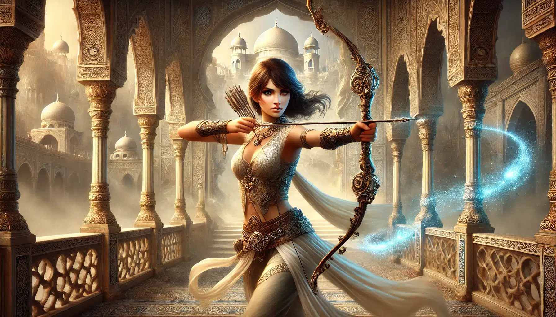 A fantasy depiction of Farah from Prince of Persia: The Sands of Time. She stands in an ancient, mystical palace with grand arches and ornate decorations. Farah, in her elegant combat attire, holds a finely crafted bow with an arrow ready. Her expression is determined and focused as she aims at an unseen target. The background features sand dunes visible through the arches and magical glowing elements, highlighting the blend of fantasy and ancient architecture
