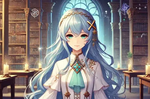 anime-style image of Faruzan, a character with long, flowing blue hair, wearing an elegant white outfit with pale turquoise accents. She has pale amber-green colored eyes, and an X-shaped golden hairpin on the left side of her hair. She should have a confident and intelligent expression, standing in a mystical, ancient library filled with books and magical artifacts. The background should be detailed, showcasing tall bookshelves, glowing runes, and an enchanting, soft light illuminating the scene