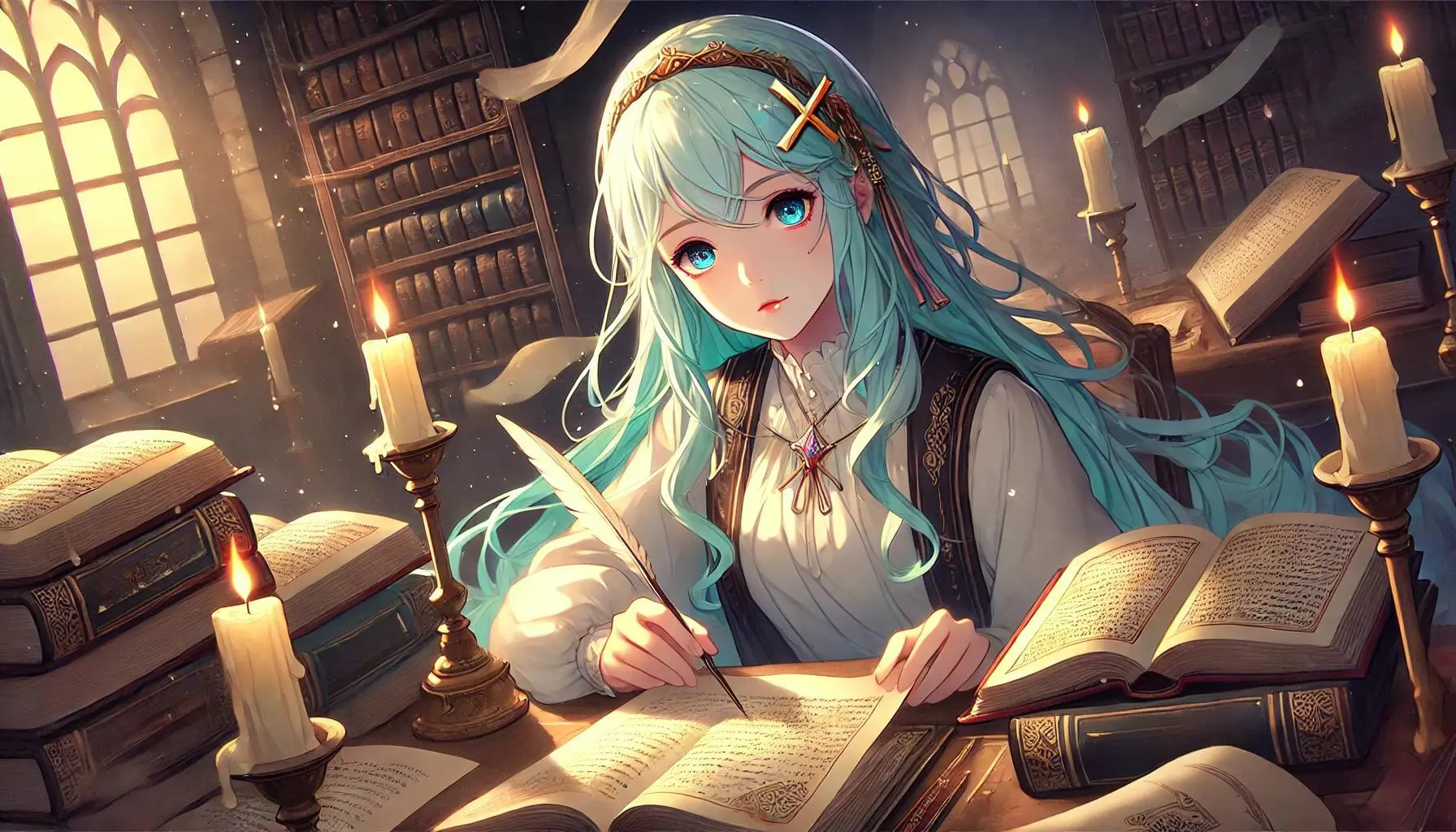 An anime-style image of Faruzan in the midst of her research, surrounded by books and scrolls, with a look of focused determination on her face. The room is dimly lit with only the soft glow of candles illuminating the ancient texts she is studying. Faruzan has fair skin and long hair with a turquoise gradient, from pale turquoise at the roots to a darker turquoise at the ends, styled with a simple X-shaped golden hairpin on the left side. She is holding a quill pen poised over a piece of parchment as if she is about to record an important discovery