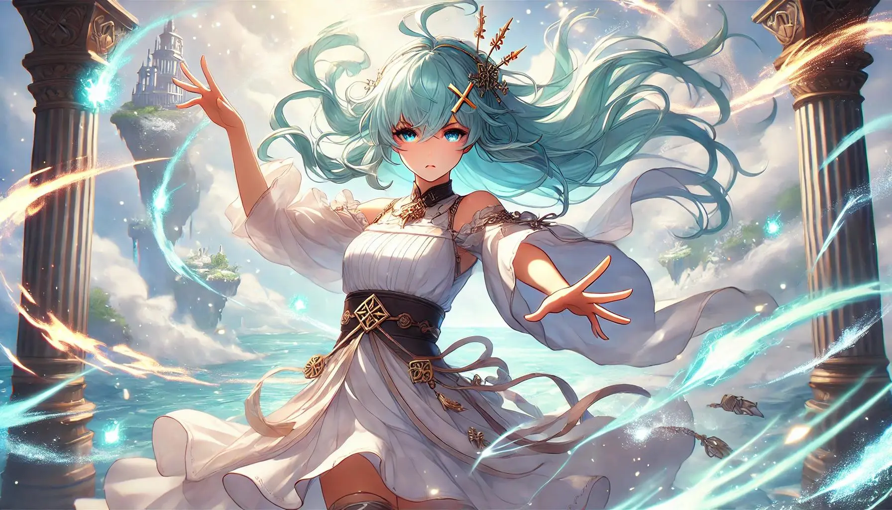 A dynamic anime-style image of Faruzan from Genshin Impact using her Elemental Skill: Wind Realm of Nasamjnin. She has fair skin and long hair with a turquoise gradient, from pale turquoise at the roots to a darker turquoise at the ends. Her messy bangs frame the sides of her face, and her hair is styled with a simple X-shaped golden hairpin on the left side. She wears a layered white dress with detached sleeves, without any ornate gold trinkets. Faruzan is depicted in an action pose, surrounded by swirling winds and glowing energy as she activates her Wind Realm of Nasamjnin skill