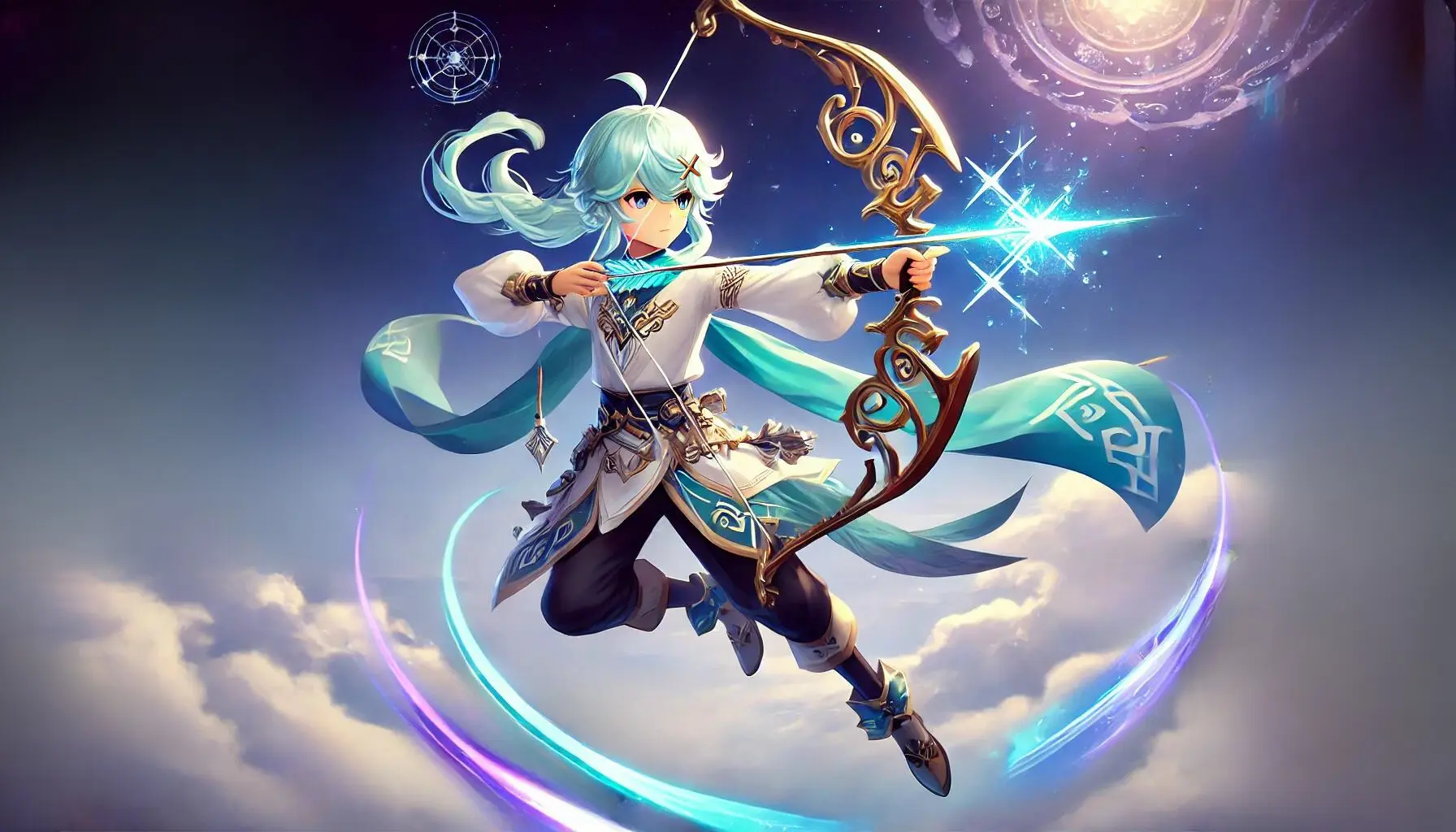 A dynamic anime-style image of Faruzan from Genshin Impact using her best weapon, Elegy for the End. Faruzan has fair skin and long hair with a turquoise gradient, from pale turquoise at the roots to a darker turquoise at the ends, styled with a simple X-shaped golden hairpin on the left side. She is depicted in mid-action, holding the Elegy for the End bow, which is ornately designed with elegant curves and mystical motifs