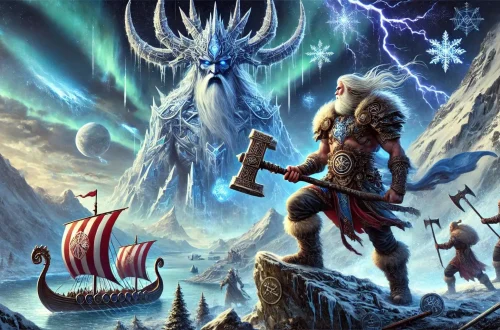 A fierce Viking warrior, wielding a mighty battle axe, stands heroically atop a snowy mountain peak. He gazes out over a vast fjord, where longships with dragon heads sail beneath the aurora borealis. In the distance, a towering figure made of ice and snow looms over the landscape, a powerful being from Norse mythology