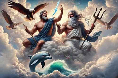 Zeus and Poseidon in the clouds. Zeus is holding a lightning bolt, with an eagle flying behind him. Poseidon holds his trident, with a dolphin by his feet. The scene is set against a majestic sky, highlighting their divine presence and authority