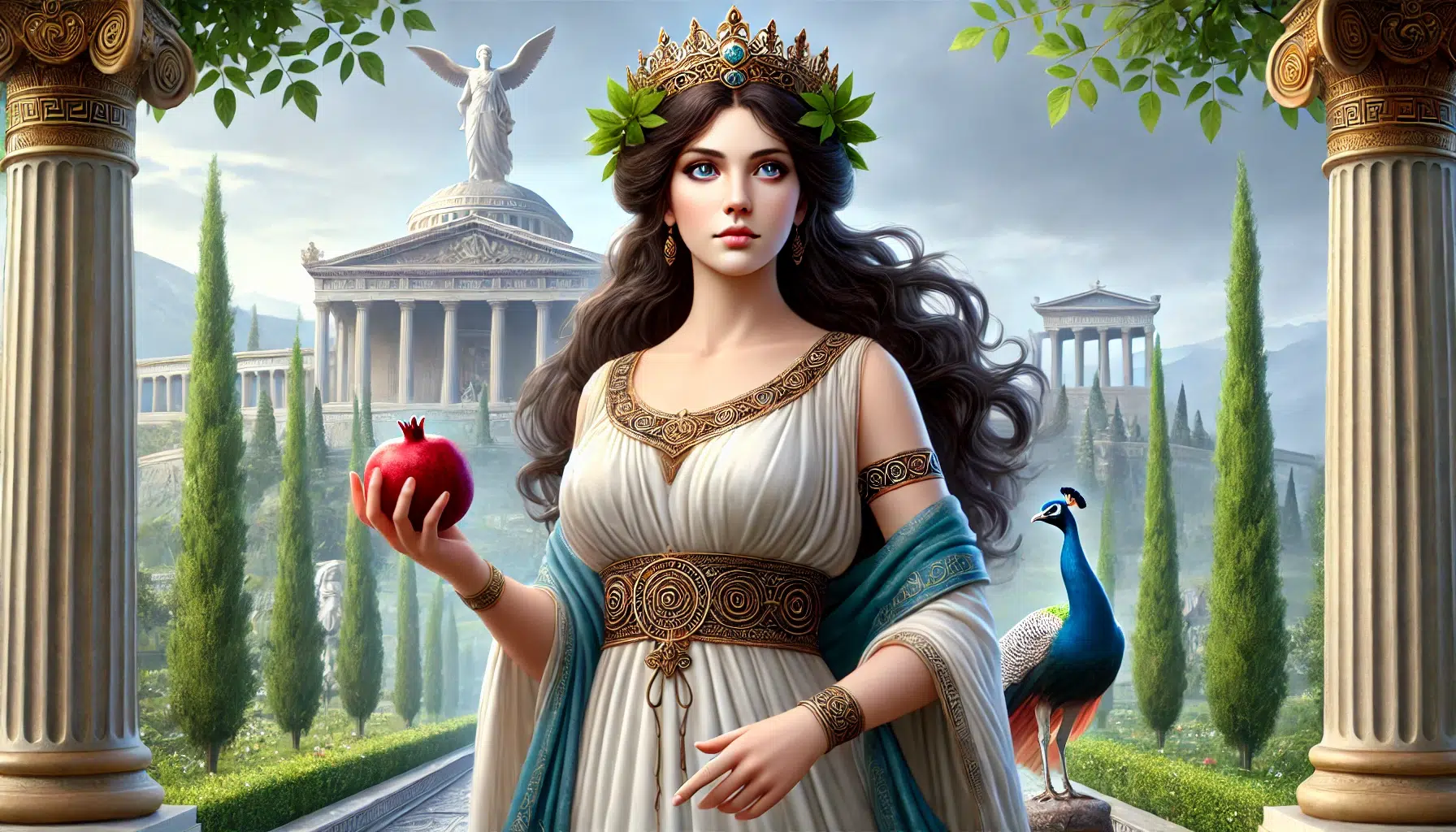 Hera, Queen of the Gods, depicted as a realistic and majestic figure. She stands tall with a dignified presence, wearing a crown and holding a pomegranate in one hand, symbolizing fertility and marriage. Hera is dressed in elegant, flowing Greek robes with intricate designs. Her expression is strong and serene, reflecting her authority and wisdom. The background features a grand palace on Mount Olympus with lush gardens and a peacock, her sacred animal, nearby. The overall scene conveys Hera's power, beauty, and role as the protector of marriage and family, portrayed in a lifelike manner.