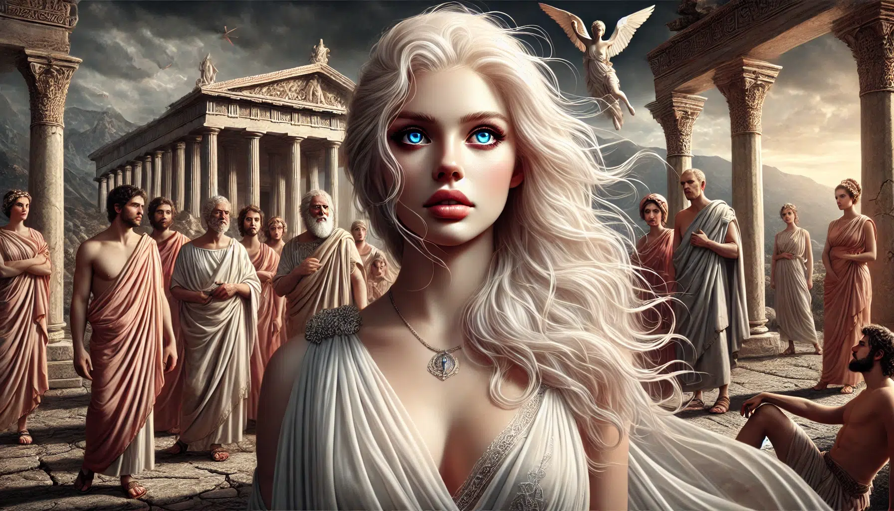 "Hippolytus" by Euripides: This Greek tragedy features Aphrodite as a central character, showcasing her power and influence. The image depicts a dramatic scene from the play, with Aphrodite standing in the center, exuding grace and authority. She has long, flowing platinum blond hair, radiant light blue eyes, and wears elegant, divine garments. Surrounding her are other characters from the play, caught in a moment of intense emotion and conflict