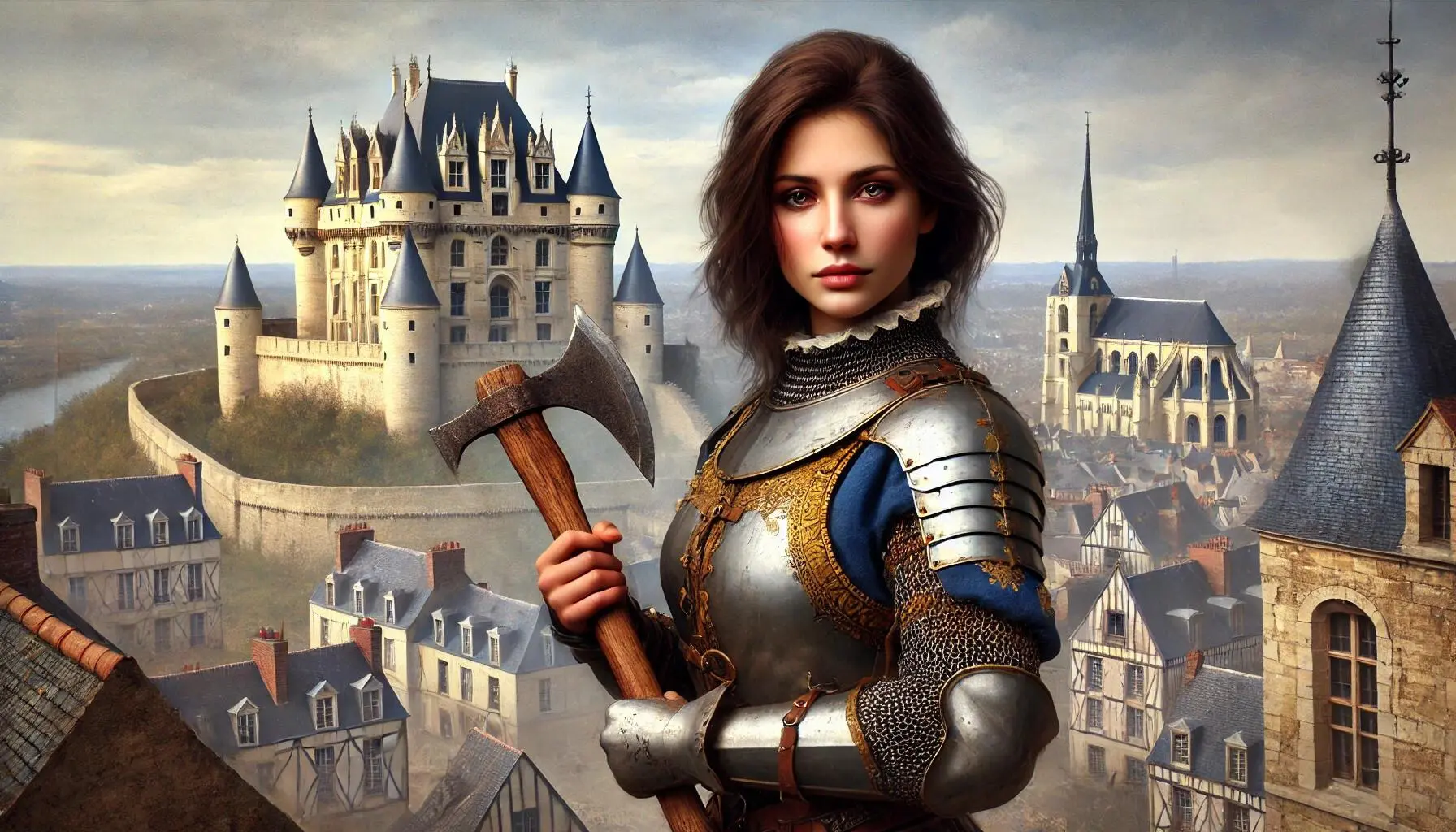 Jeanne Hachette, a French heroine from the 15th century, standing confidently with a fierce and determined expression. She is dressed in medieval armor, holding a battle axe, with a backdrop of the fortified city of Beauvais. The scene reflects her bravery in defending the city from Burgundian forces. The image should be realistic and lifelike, capturing the historical and cultural authenticity of 15th-century France.