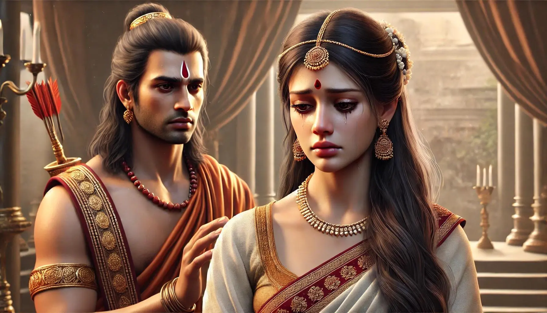 Kaikeyi showing remorse as she meets Rama upon his return. Kaikeyi, with a sorrowful and regretful expression, is dressed in royal attire, her long dark hair adorned with simple jewelry. Rama, standing tall and noble, also dressed in royal clothing, looks at her with compassion. The background shows a palace setting, with ornate pillars and luxurious decorations, emphasizing their royal status and the gravity of the moment