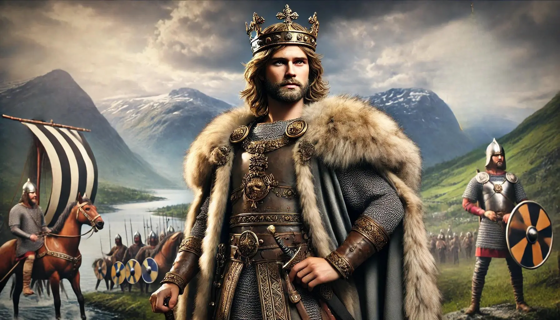 Harald Hardrada as the King of Norway at 32 years old. He stands tall and regal, wearing an ornate Viking crown and royal attire with a fur-lined cloak. His armour is detailed and includes a breastplate and chainmail. Harald has a youthful face with a determined expression, a well-groomed beard, and long hair. He holds a sceptre in one hand and a sword at his side. The background features a majestic Norwegian landscape with mountains and fjords, symbolizing his kingdom